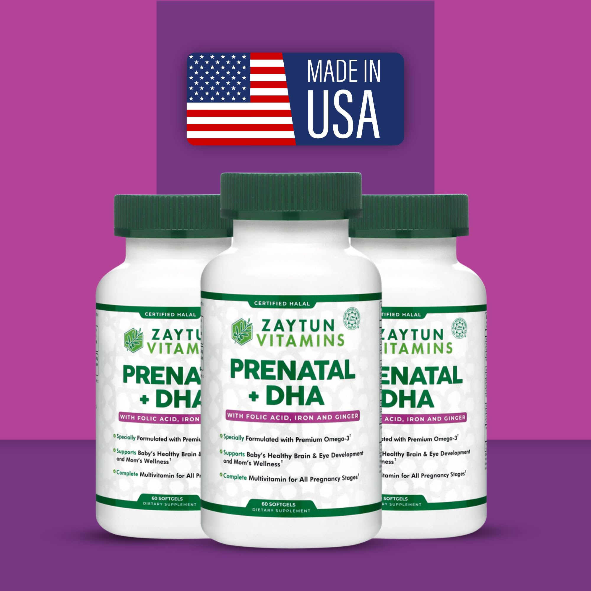 Zaytun Vitamins Prenatal Multivitamin + DHA Softgels on a table
