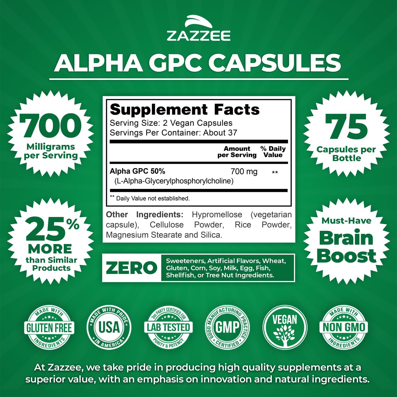 Zazzee Alpha GPC 700mg choline supplement bottle side view