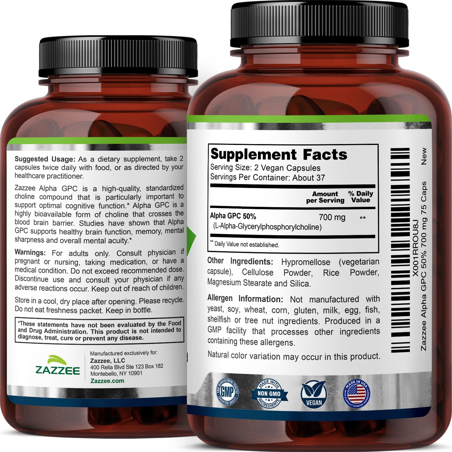 Zazzee Alpha GPC 700mg choline supplement on a wooden table