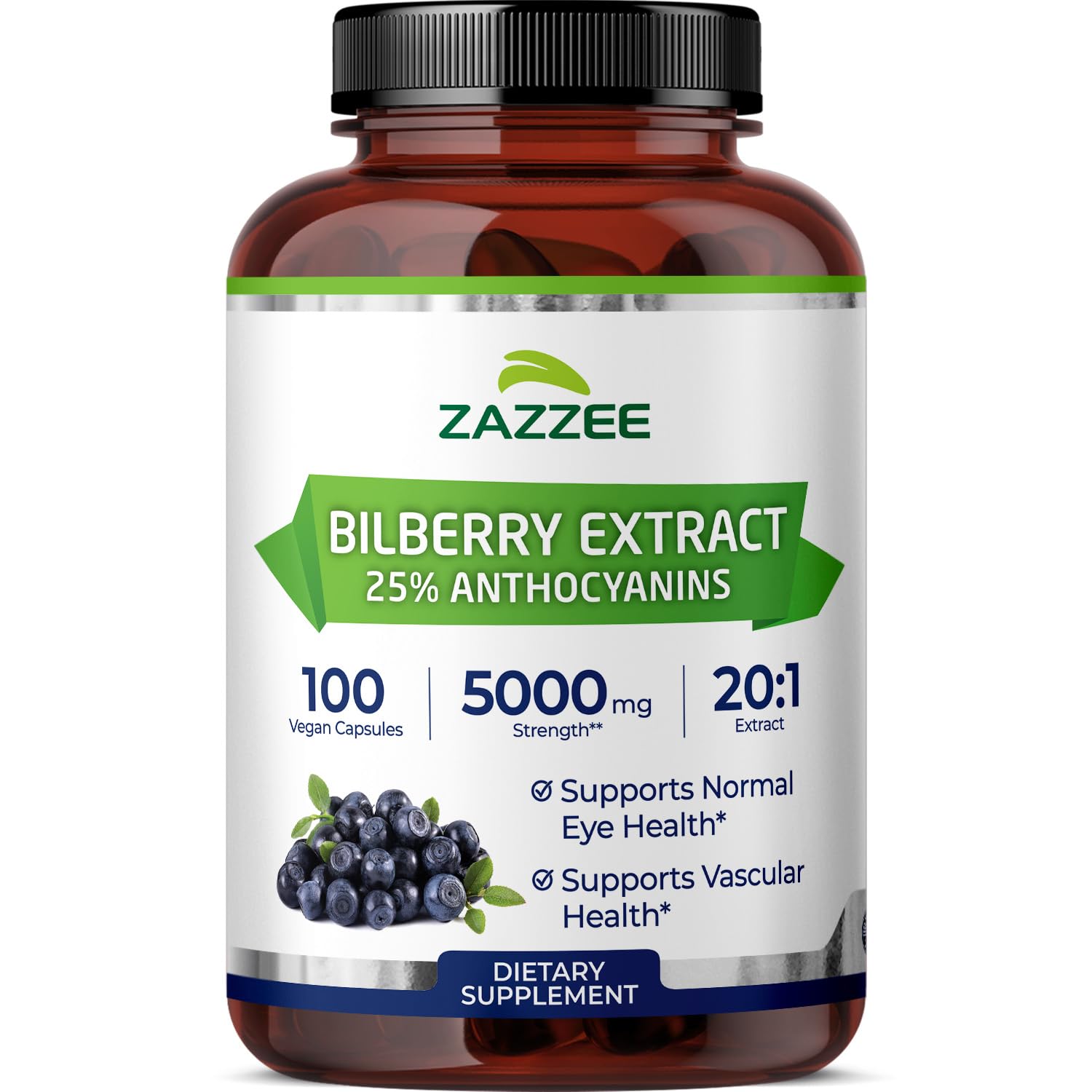 Zazzee Bilberry Extract 20:1 100 Capsules front view