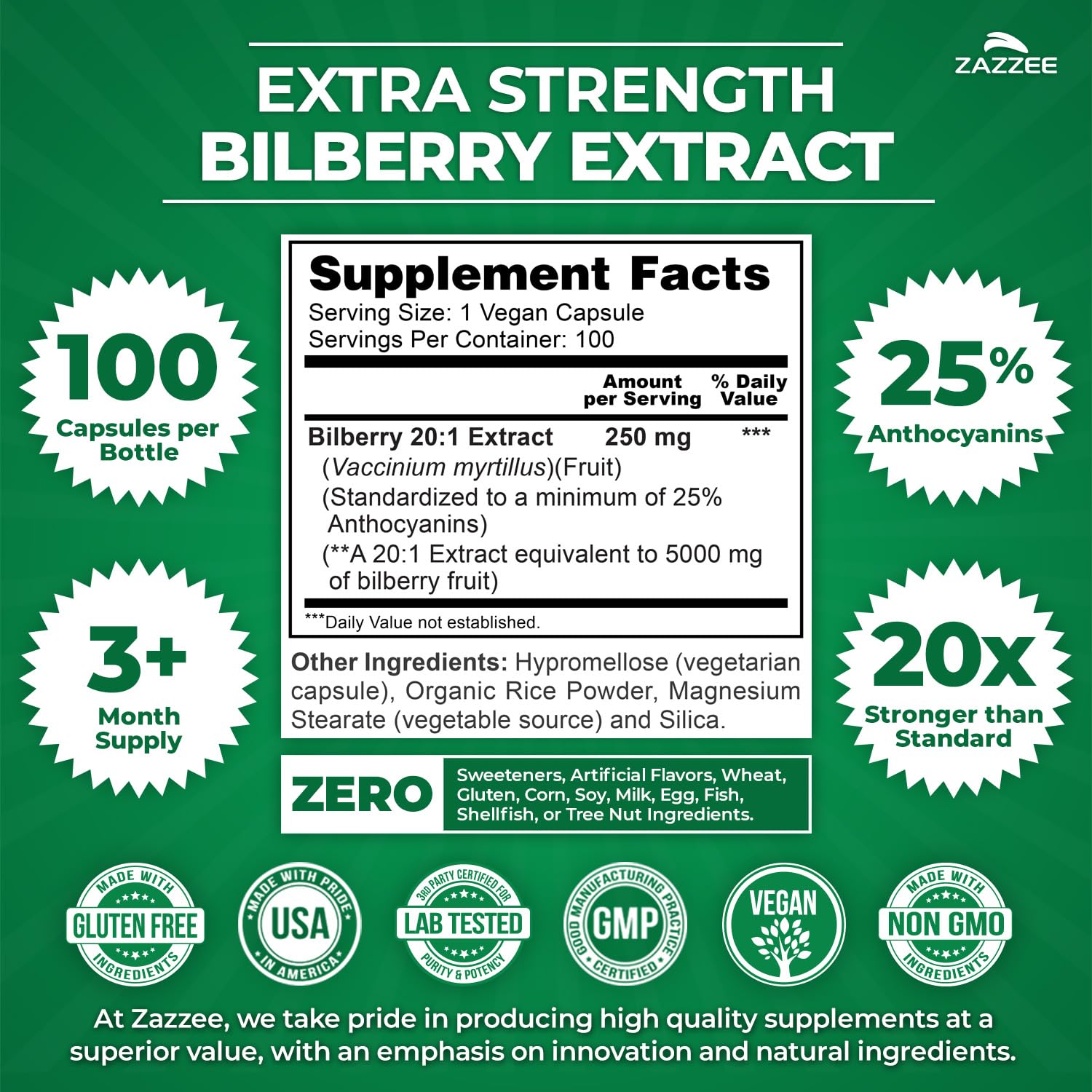 Zazzee Bilberry Extract 20:1 bottle side view