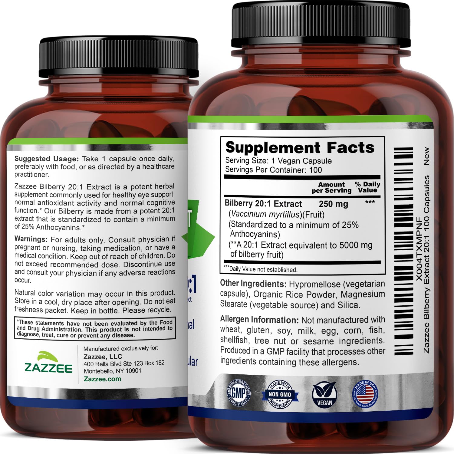 Zazzee Bilberry Extract 20:1 capsules in a hand