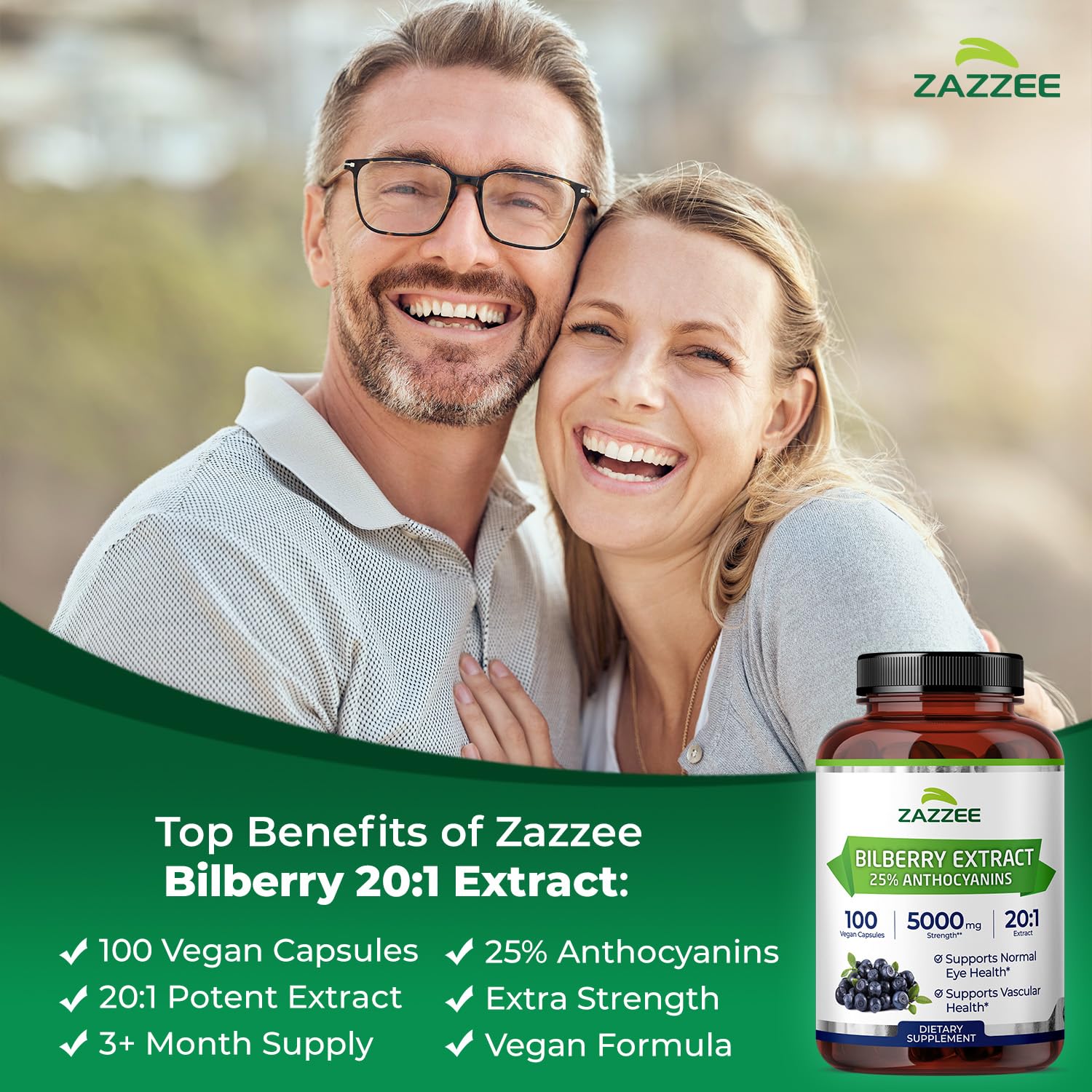 Zazzee Bilberry Extract 20:1 capsules on a wooden table