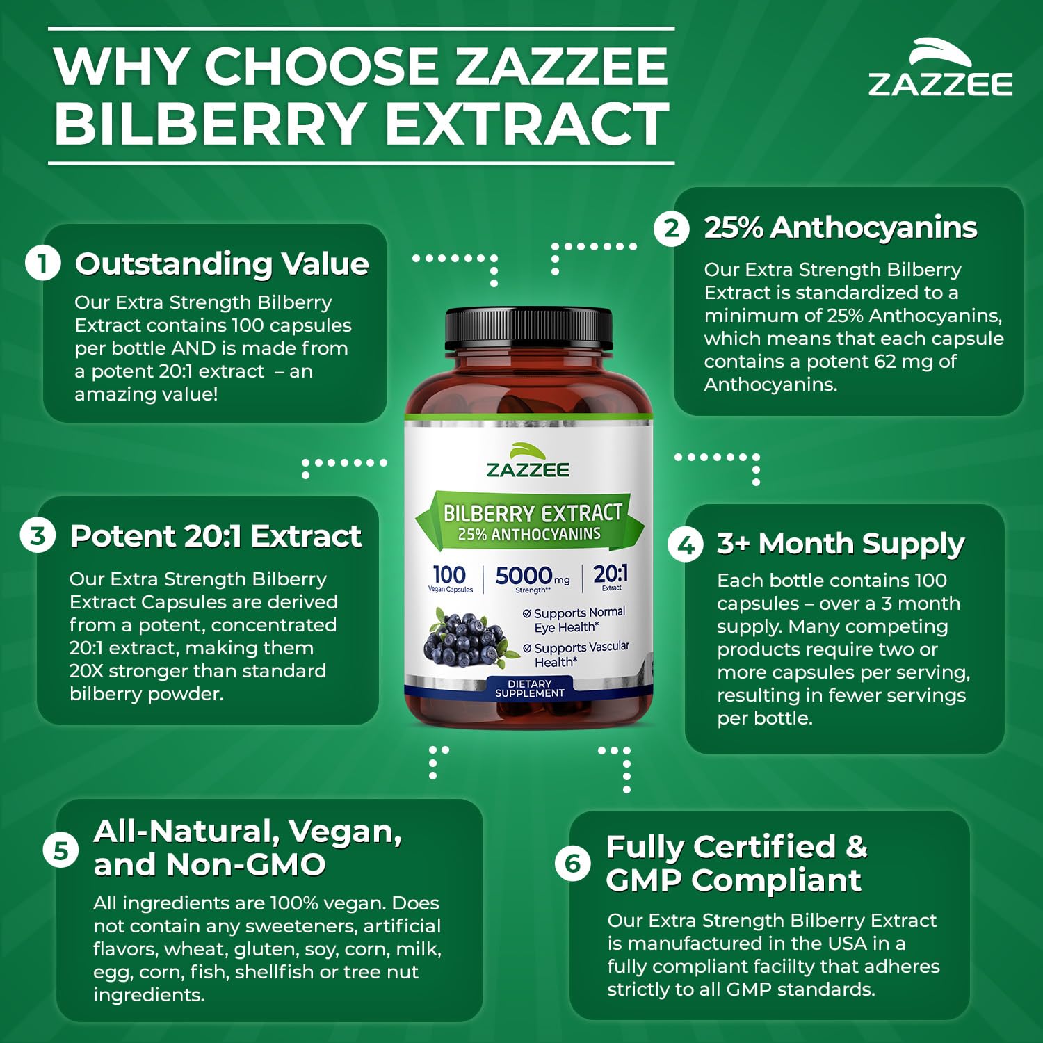 Zazzee Bilberry Extract 20:1 ingredients list on packaging