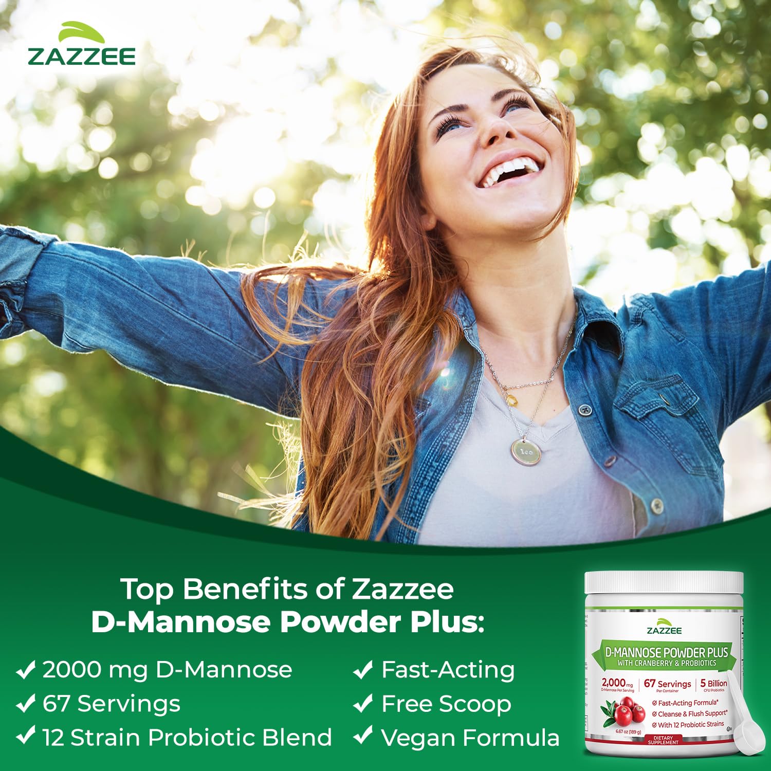 Zazzee D-Mannose Powder Plus 248g back view with ingredient list