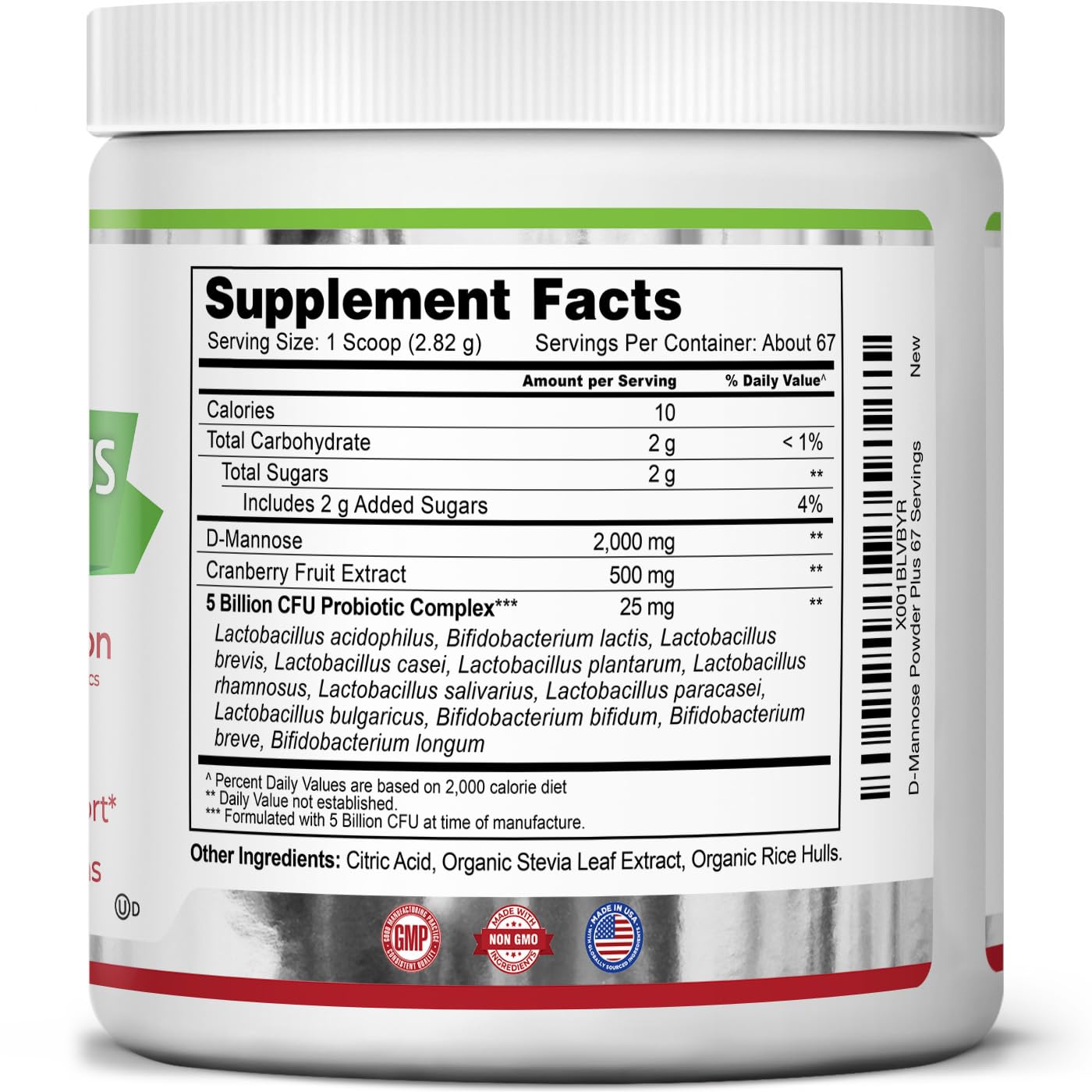 Zazzee D-Mannose Powder Plus 248g displayed with cranberry fruits