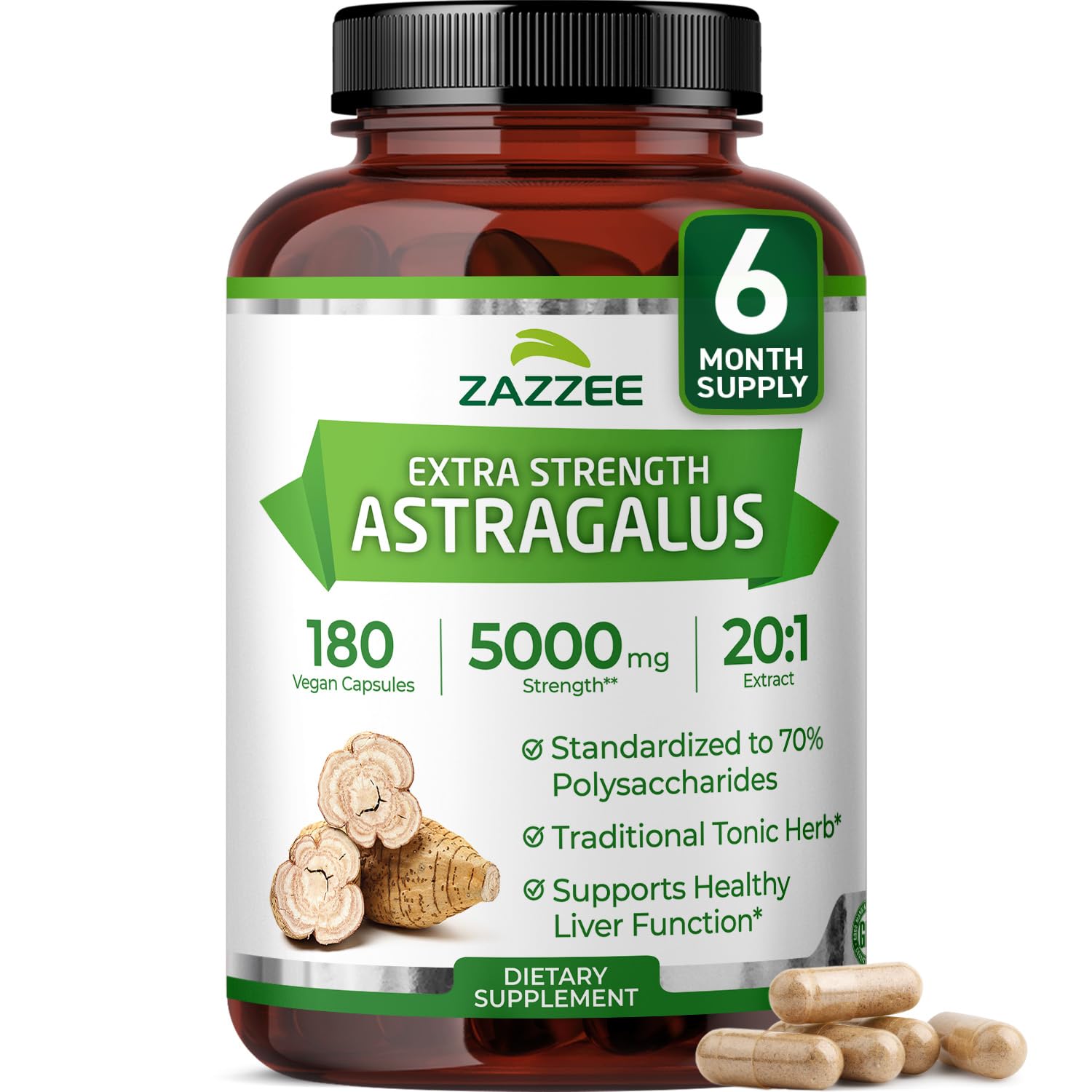 Zazzee Extra Strength Astragalus Extract bottle front view with 180 capsules