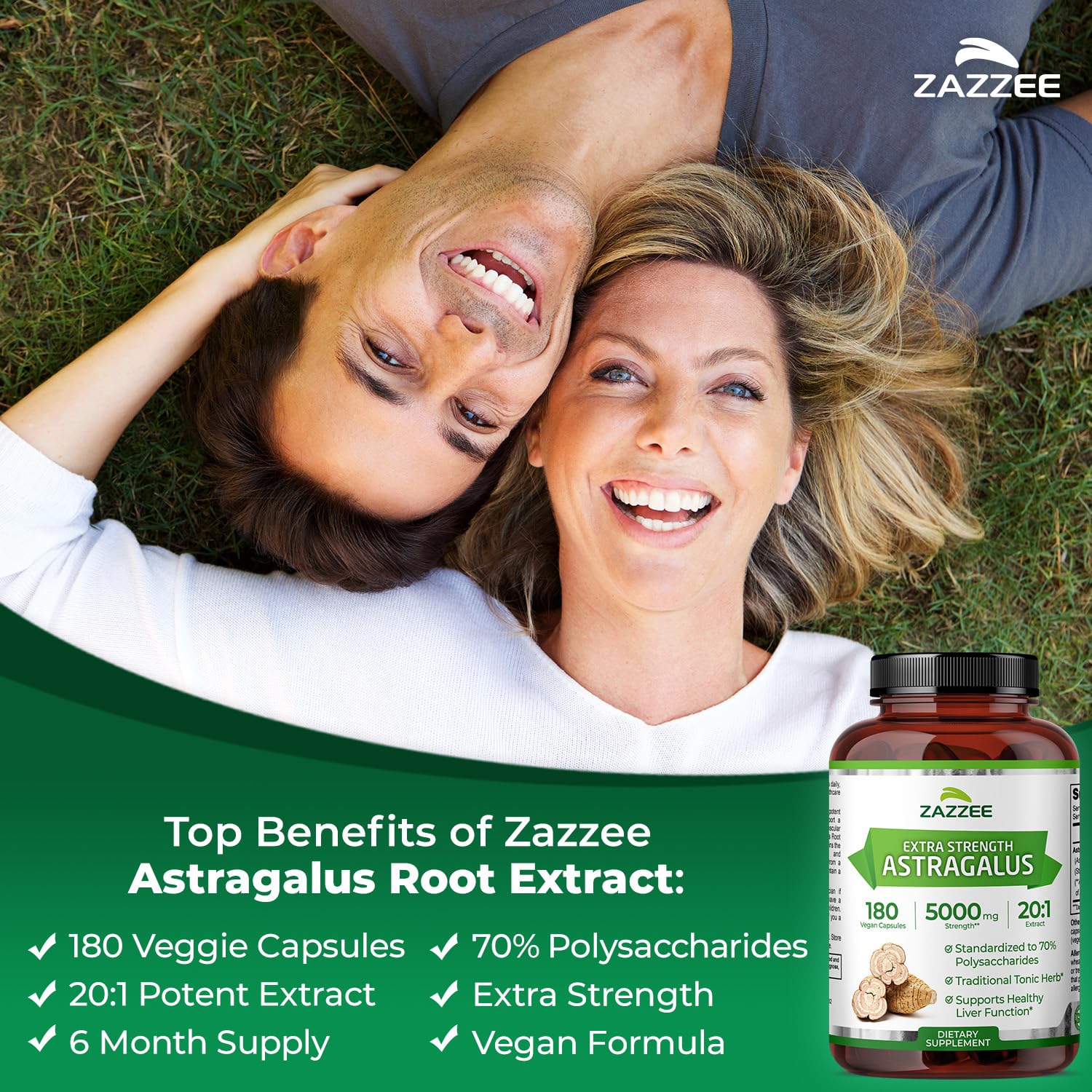 Zazzee Extra Strength Astragalus Extract capsules on a wooden surface