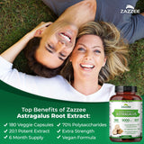 Zazzee Extra Strength Astragalus Extract capsules on a wooden surface