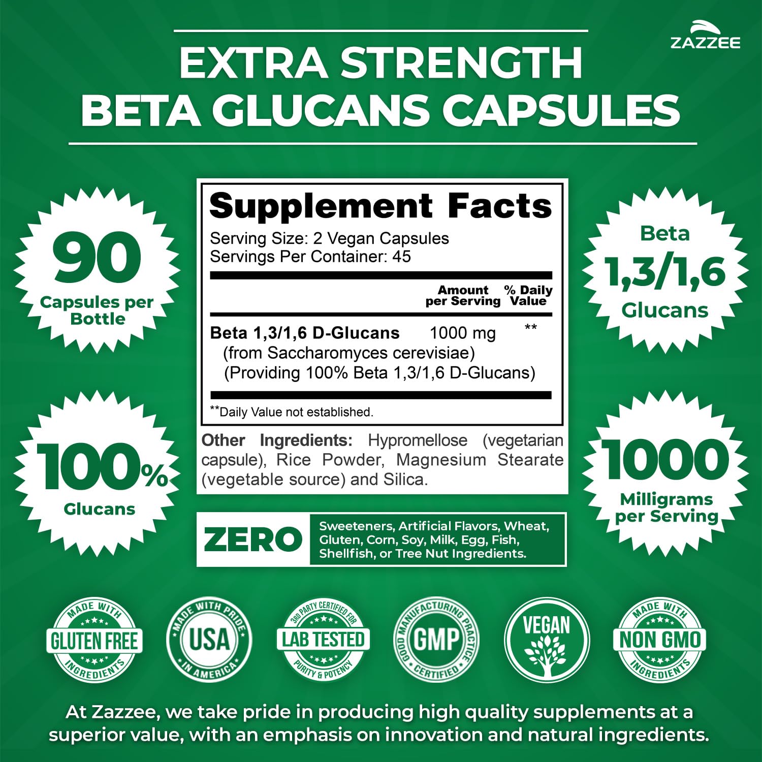 Zazzee Extra Strength Beta Glucans Capsules with dosage information