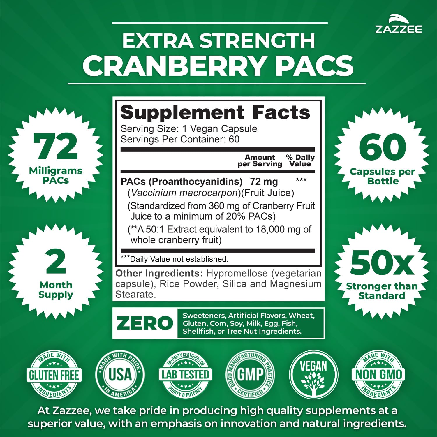 Zazzee Extra Strength Cranberry PACs capsules on a wooden surface