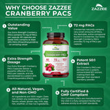 Zazzee Extra Strength Cranberry PACs ingredients list on the bottle