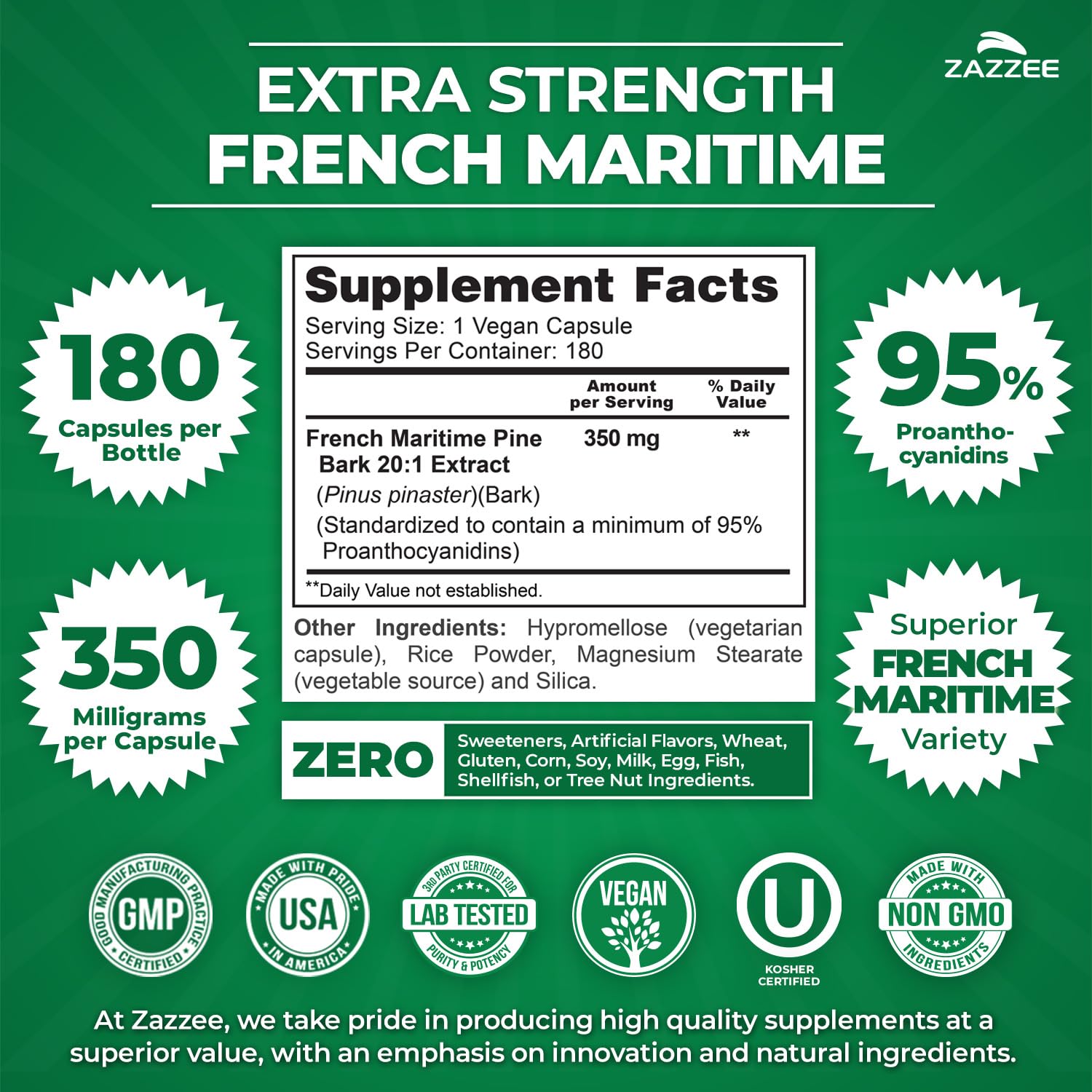 Zazzee Extra Strength French Maritime Pine Bark Extract 350mg bottle side view