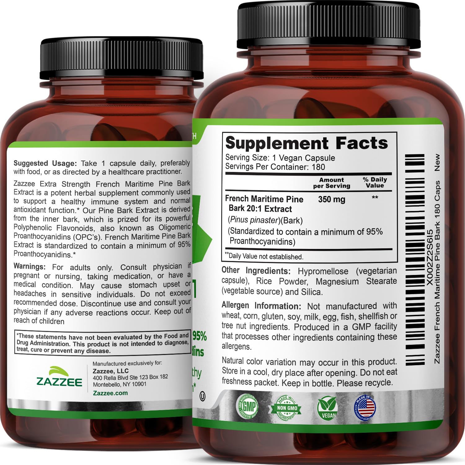 Zazzee Extra Strength French Maritime Pine Bark Extract 350mg capsule in hand