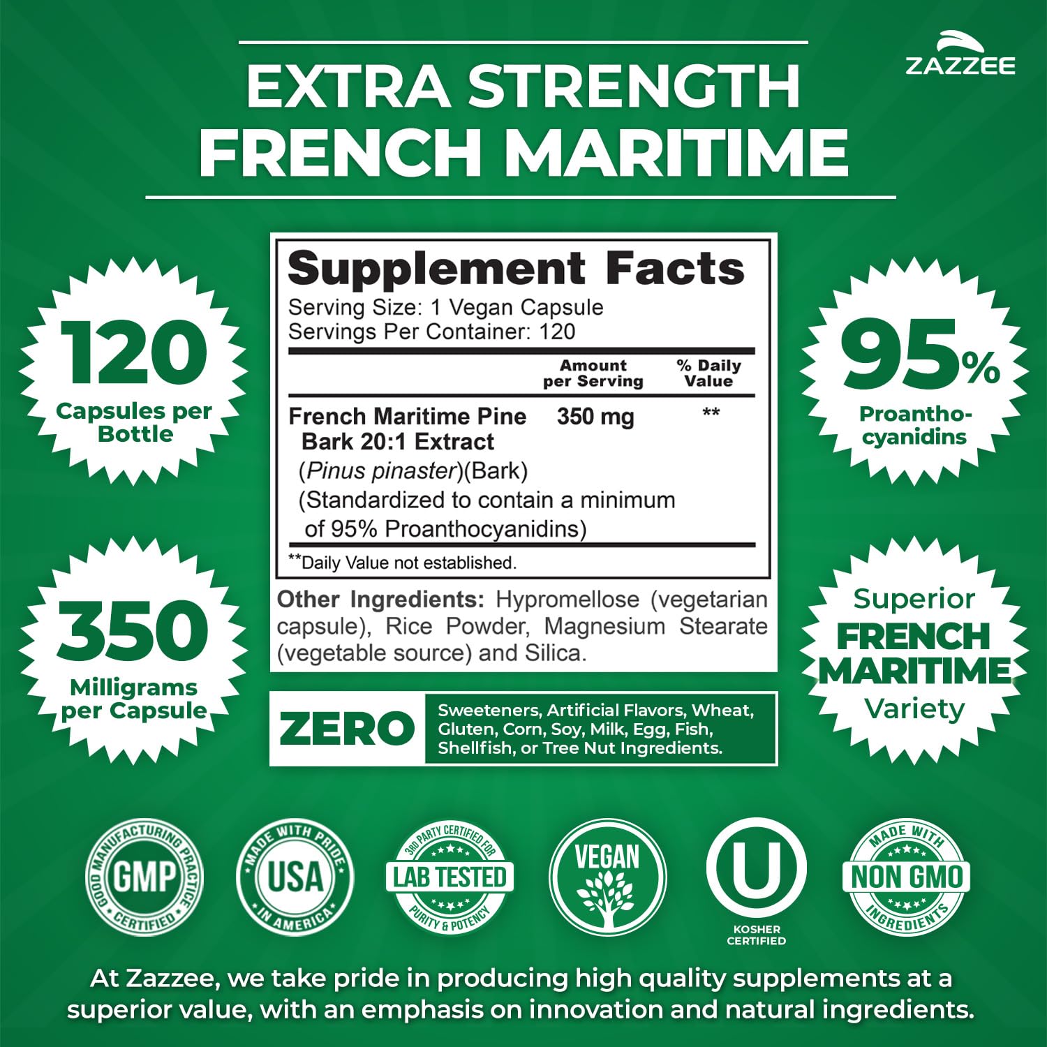 Zazzee Extra Strength French Maritime Pine Bark Extract 350mg capsules close-up