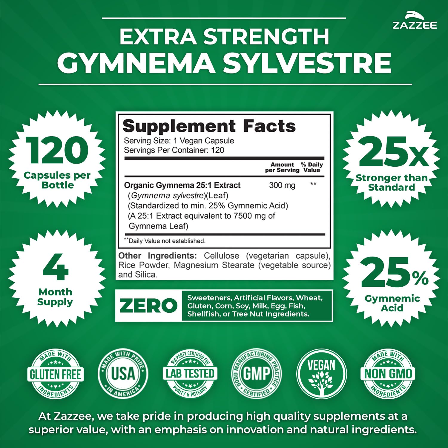 Zazzee Extra Strength Gymnema Sylvestre Extract side view of bottle
