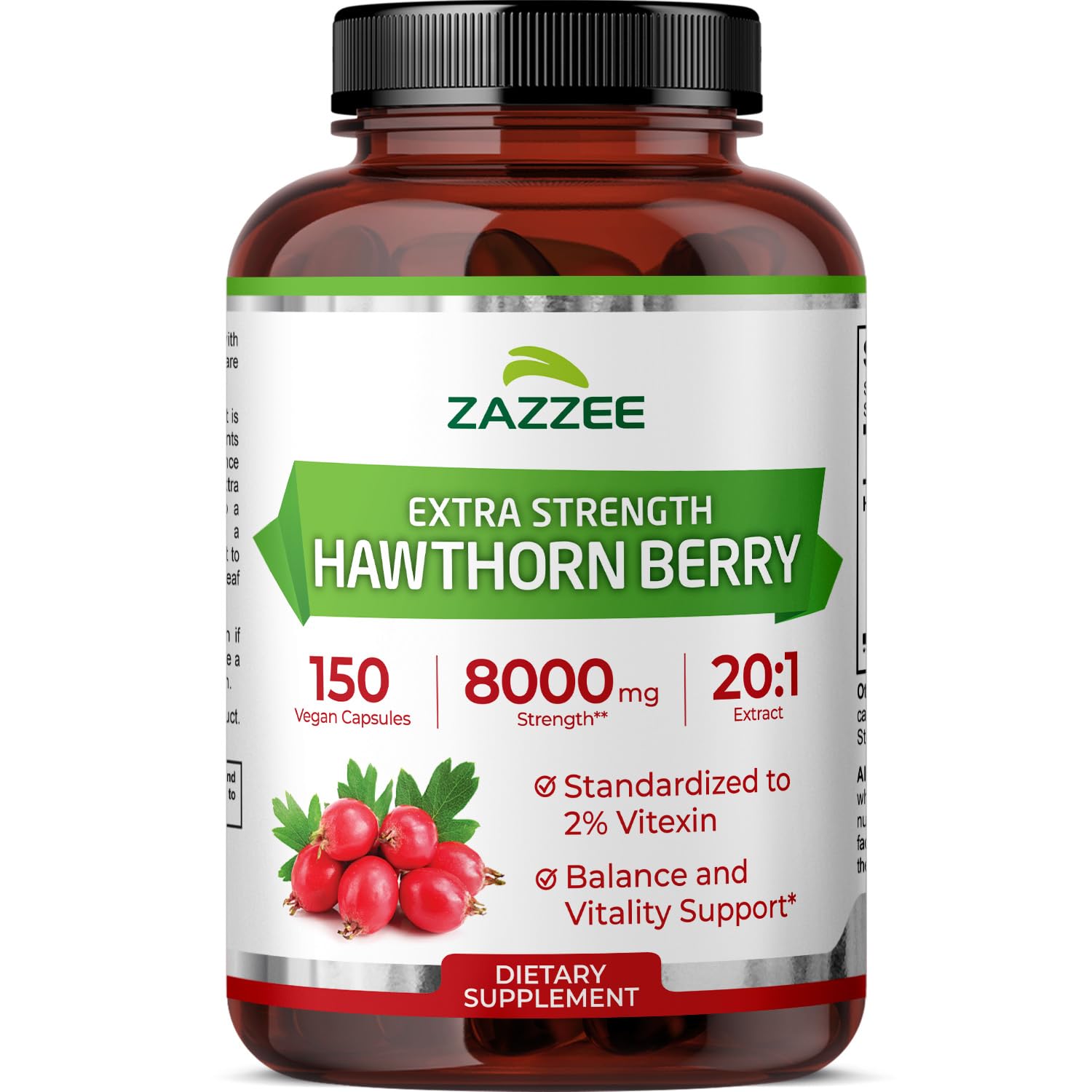 Zazzee Extra Strength Hawthorn Berry Extract 150 capsules front view