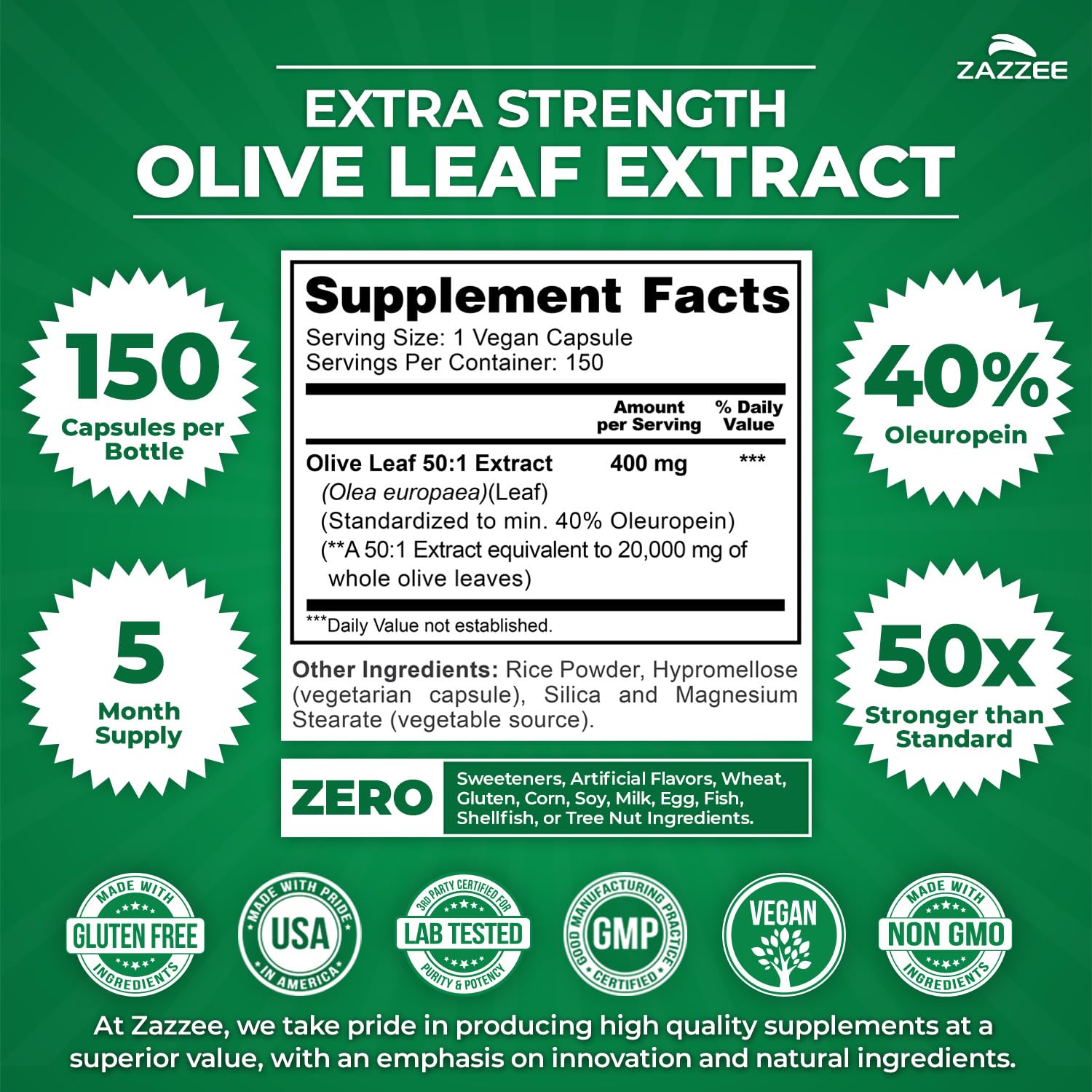 Zazzee Extra Strength Olive Leaf Extract bottle side view