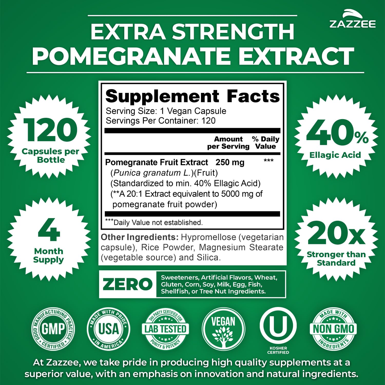Zazzee Extra Strength Pomegranate Extract capsules close-up