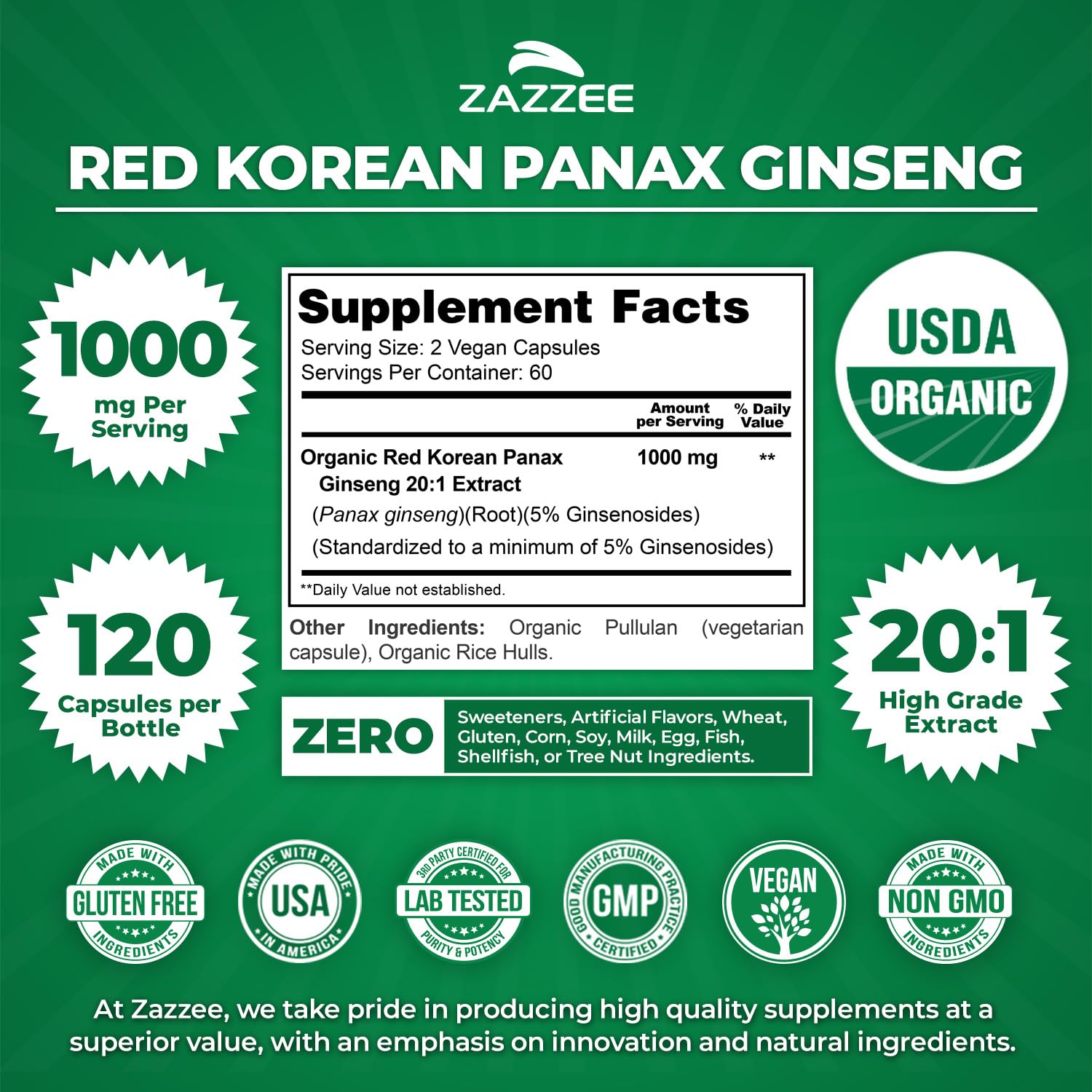 Zazzee Extra Strength Red Korean Panax Ginseng capsules close-up