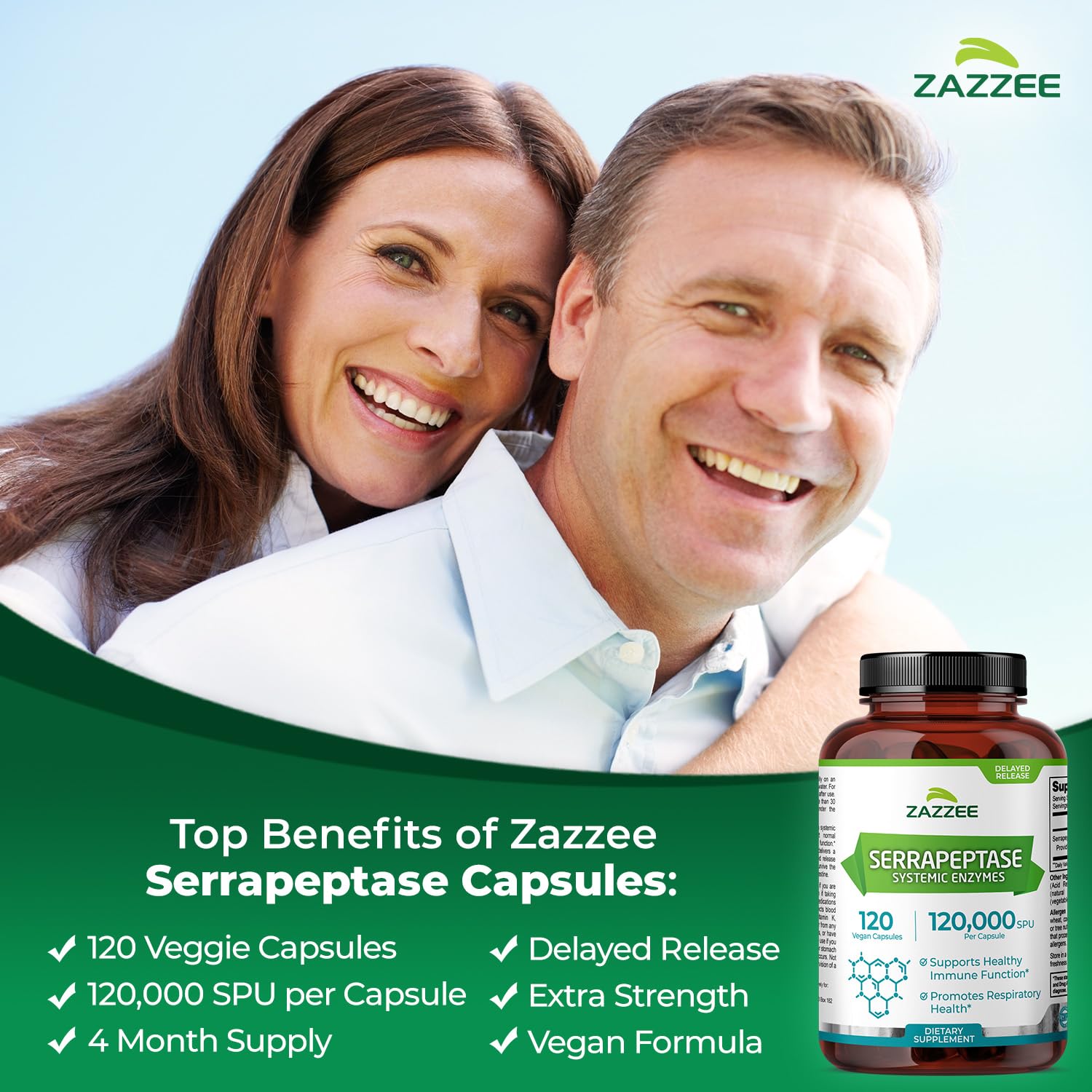Zazzee Extra Strength Serrapeptase Capsules back view with ingredient list