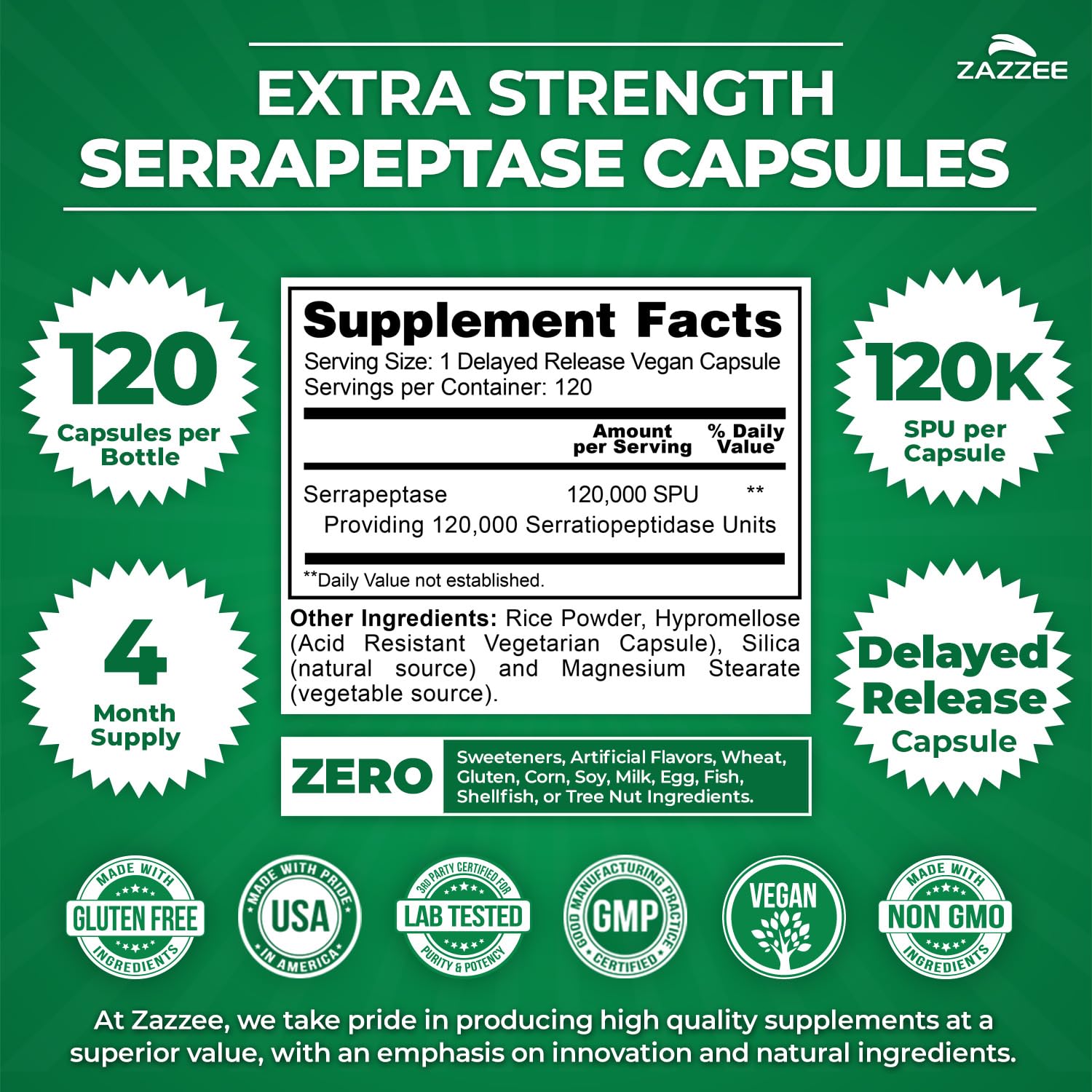 Zazzee Extra Strength Serrapeptase Capsules side view