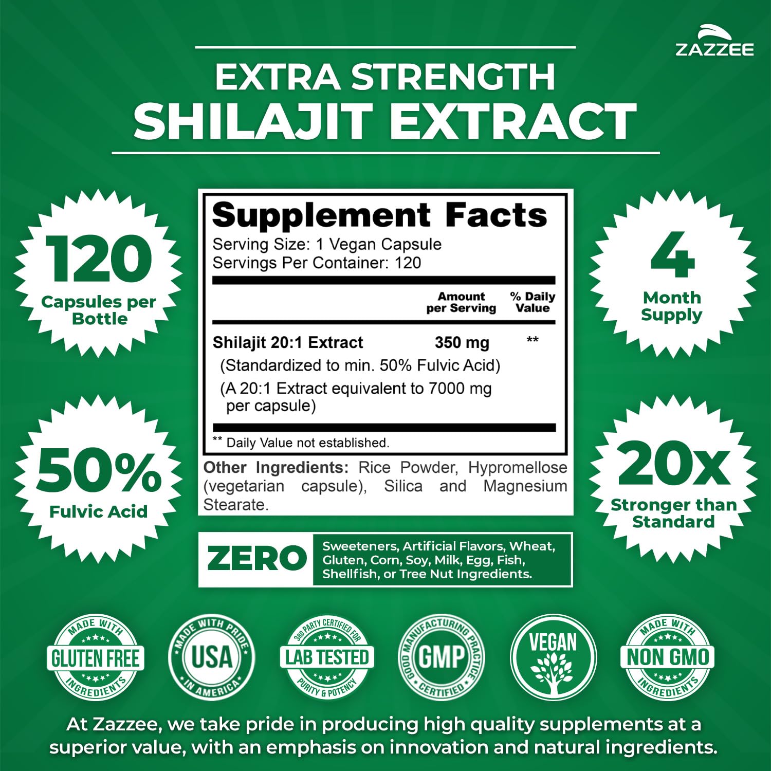 Zazzee Extra Strength Shilajit Extract Capsules side view
