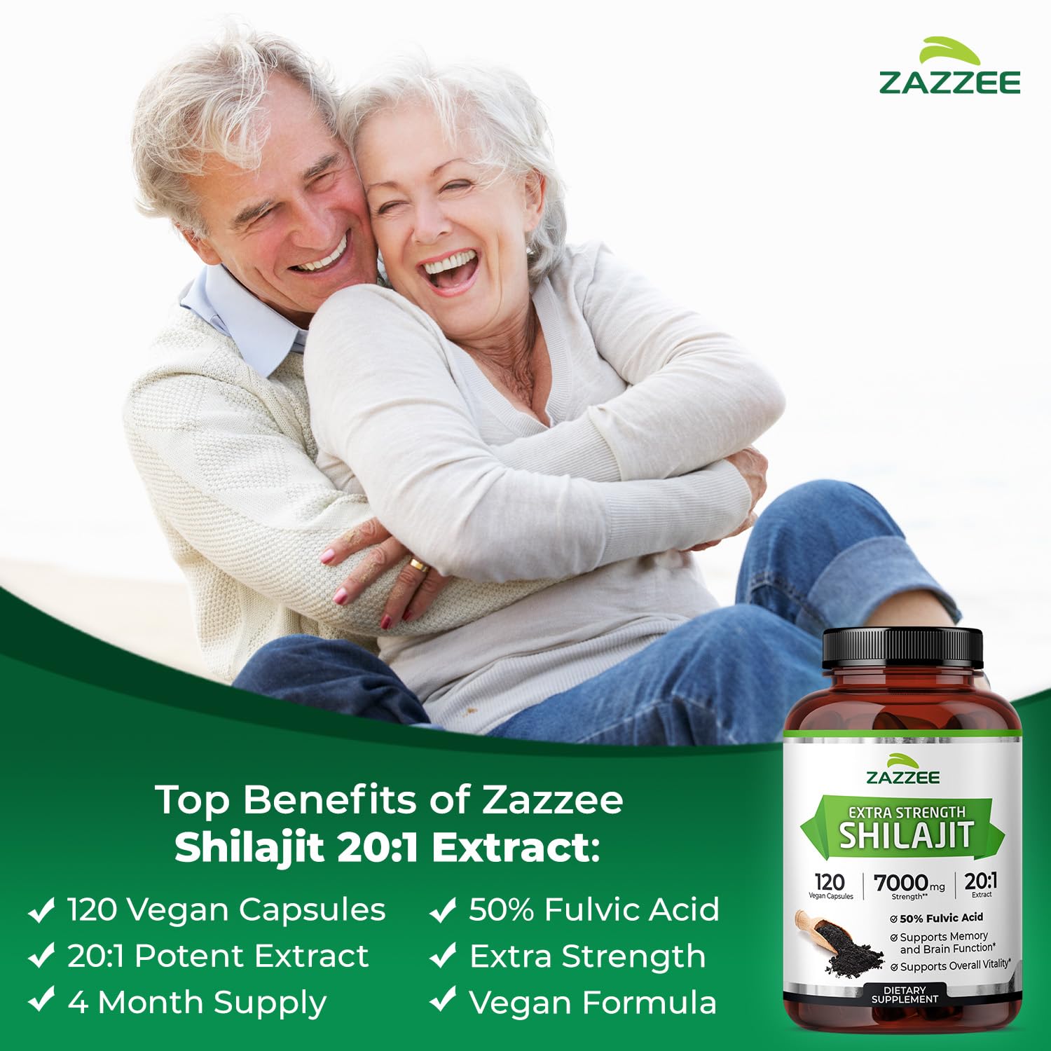 Zazzee Extra Strength Shilajit Extract Capsules with dosage information