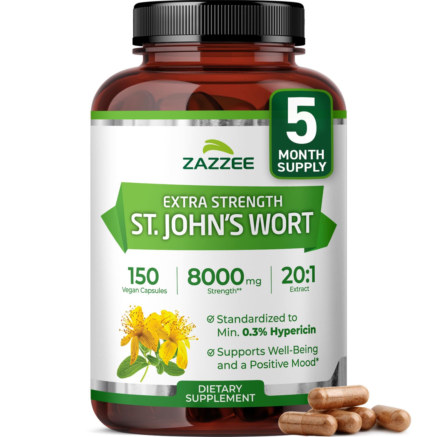 Zazzee Extra Strength St. John’s Wort Extract 150 capsules front view