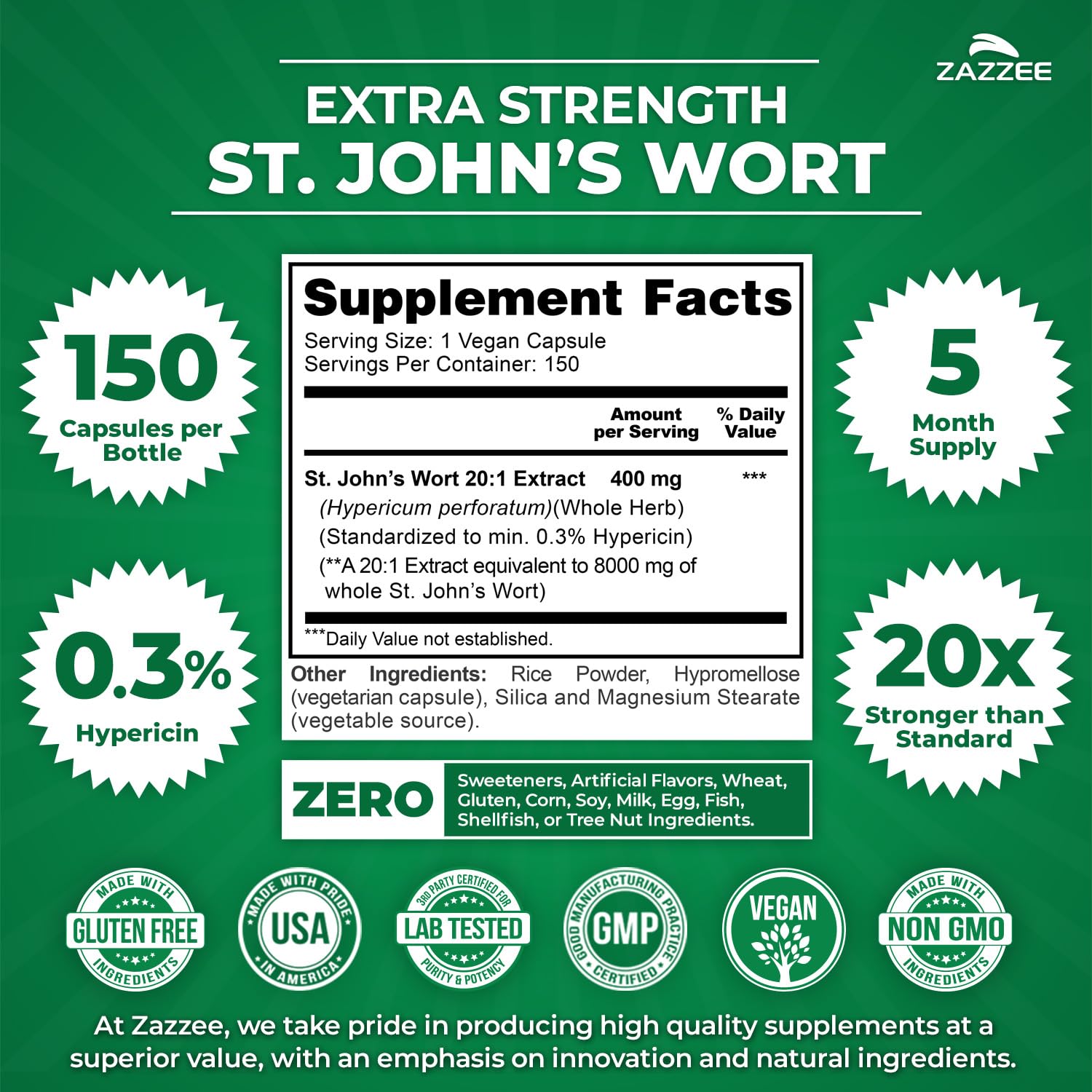 Zazzee Extra Strength St. John’s Wort Extract bottle side view