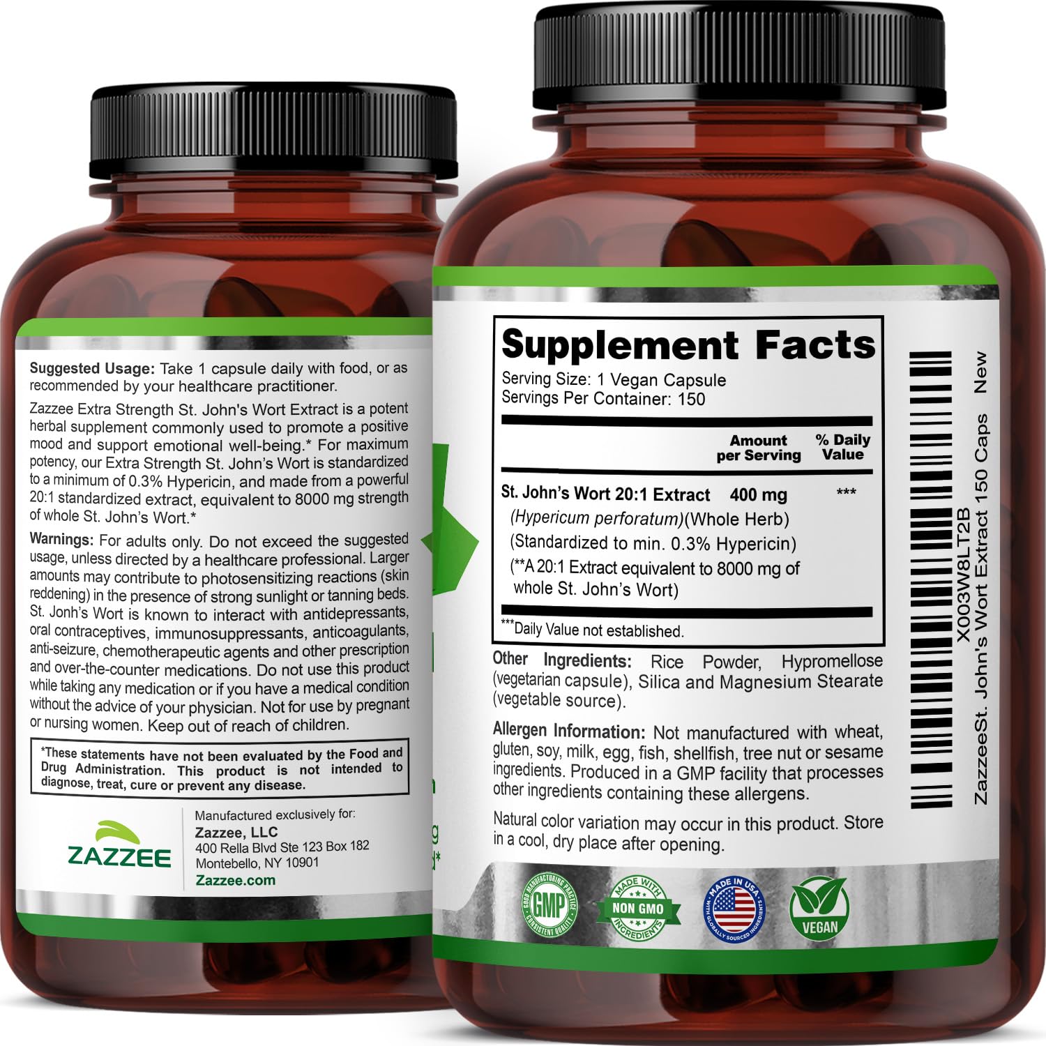 Zazzee Extra Strength St. John’s Wort Extract displayed with other herbal supplements