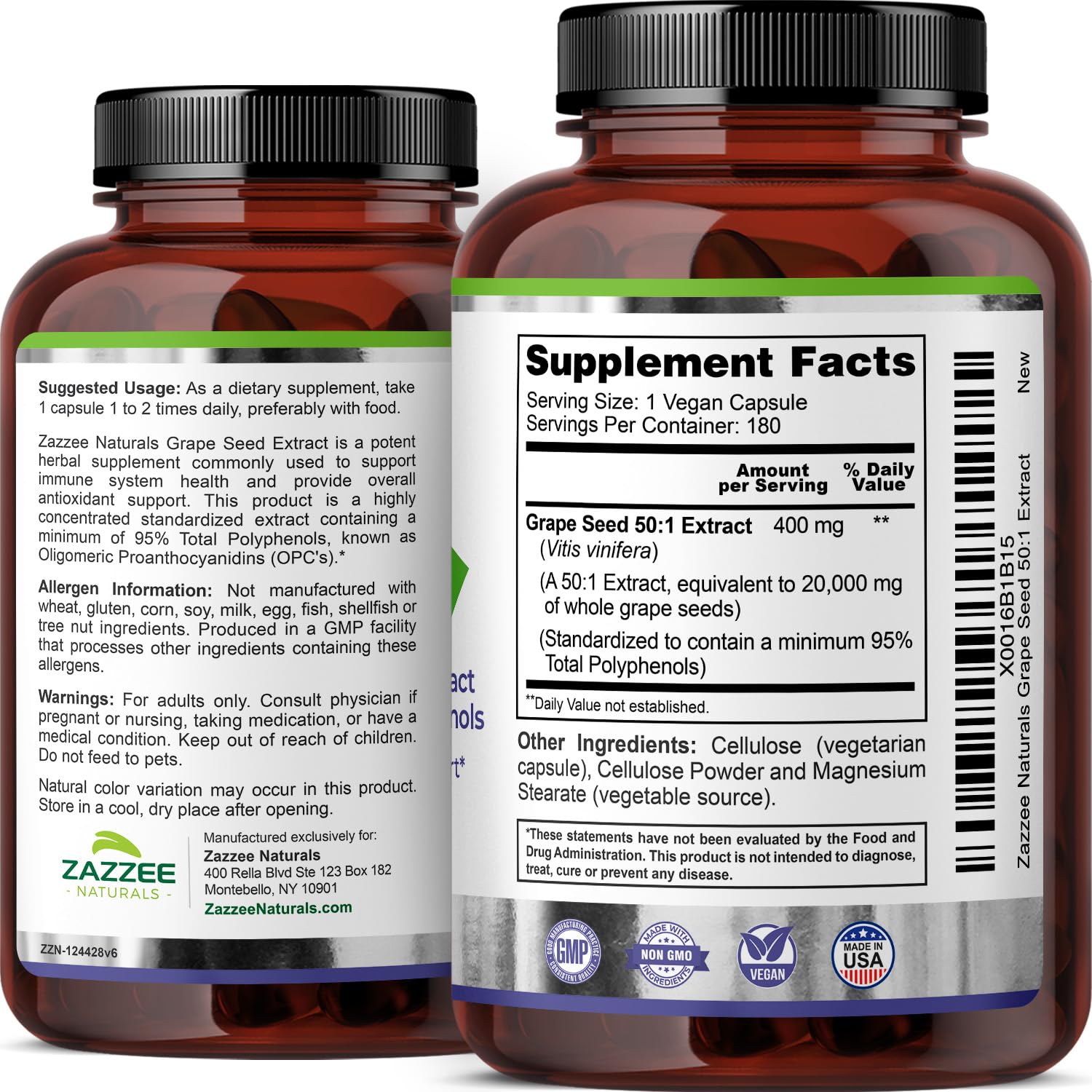 Zazzee Grape Seed Extract bottle side view