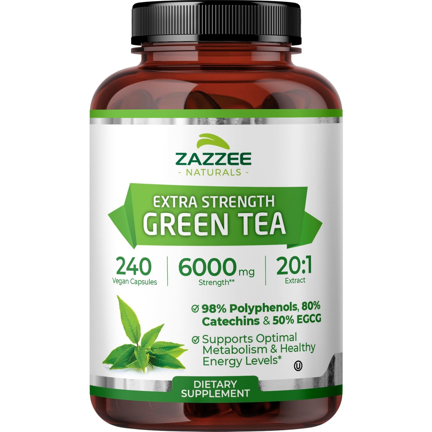 Zazzee Green Tea Extract 240 Capsules front view