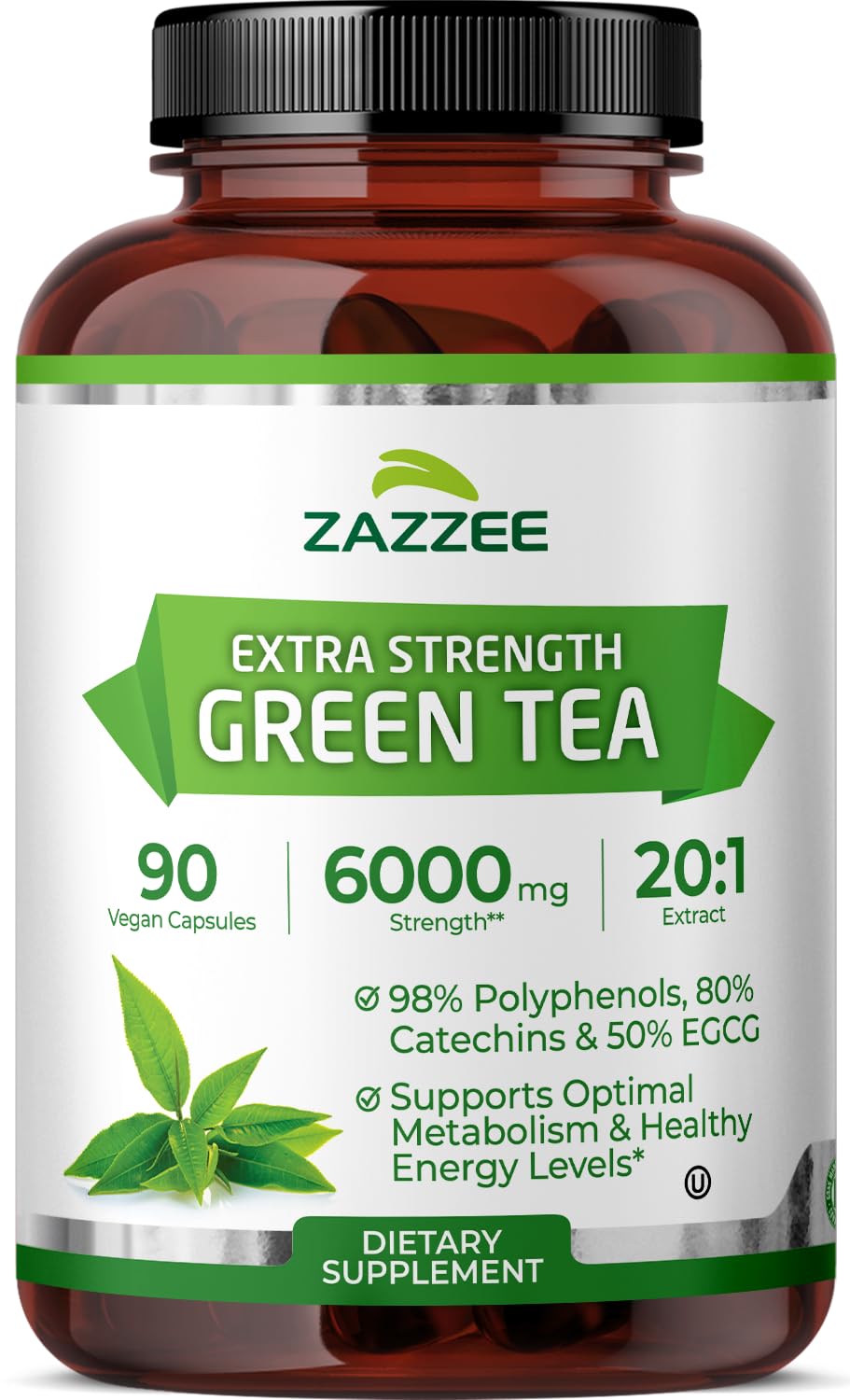 Zazzee Green Tea Extract Capsules 90 Count bottle front view