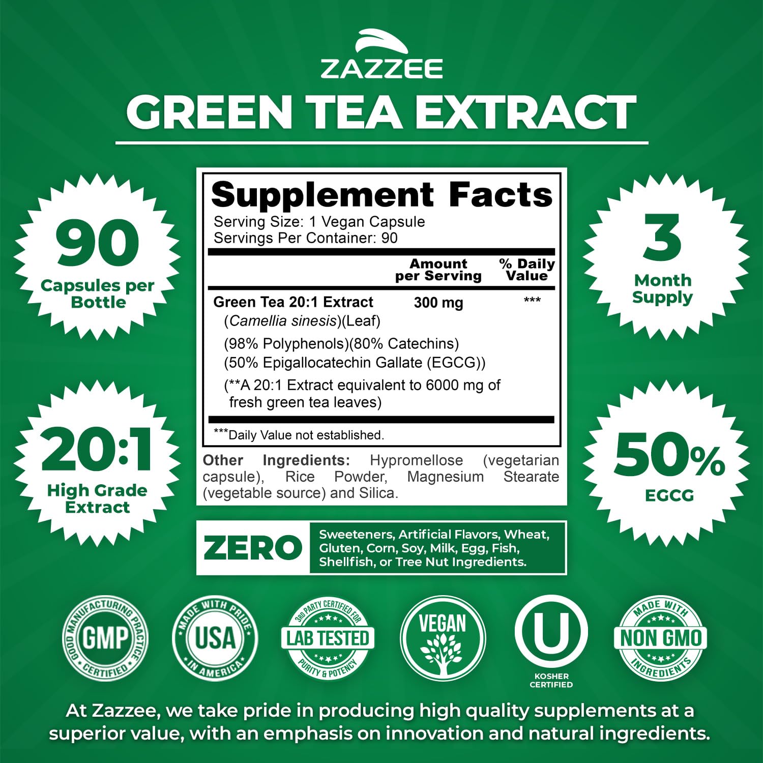 Zazzee Green Tea Extract Capsules 90 Count bottle side view
