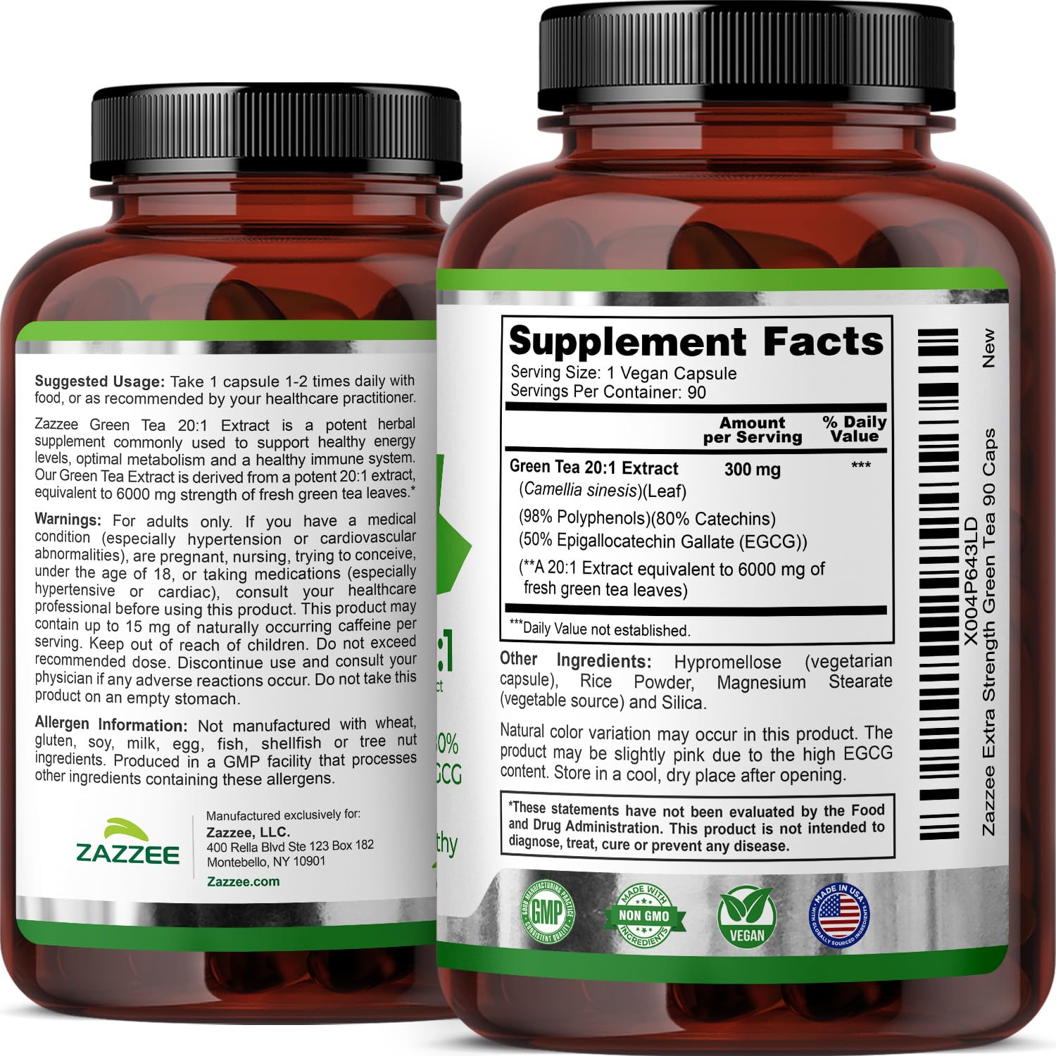 Zazzee Green Tea Extract Capsules bottle back view