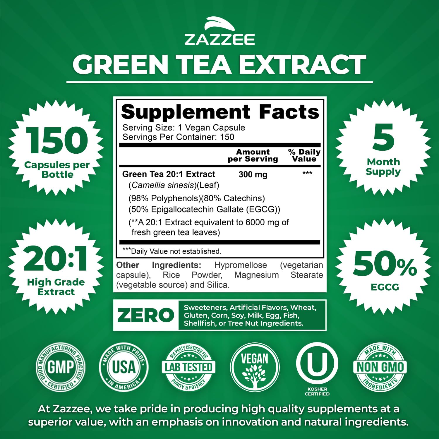Zazzee Green Tea Extract capsules showing dosage information