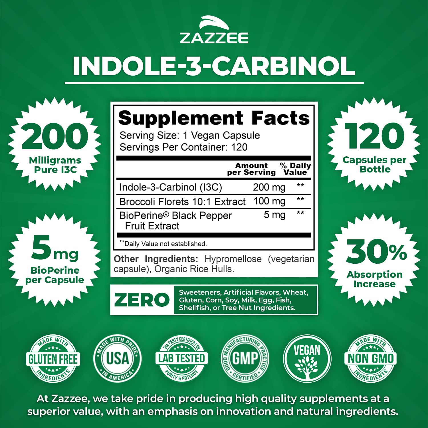 Zazzee Indole-3-Carbinol 200mg capsule bottle side view