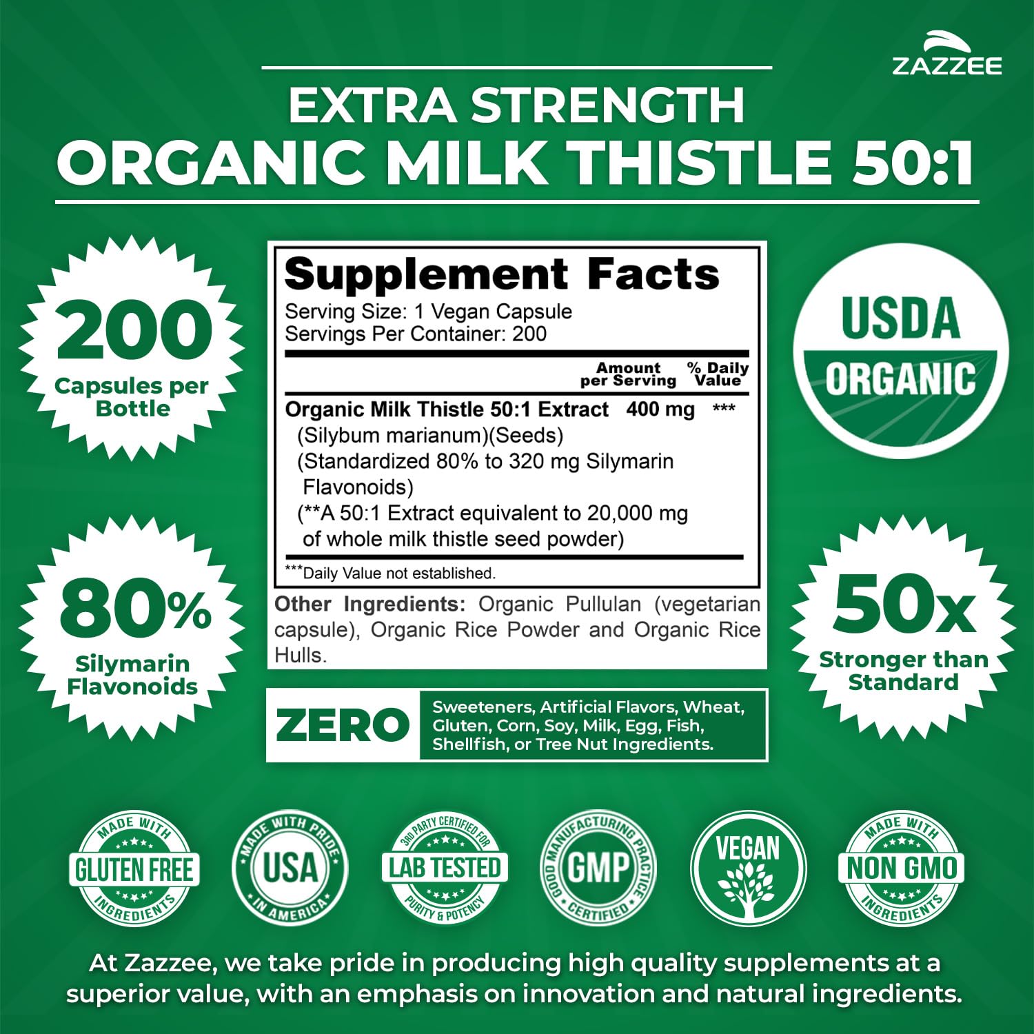 Zazzee Milk Thistle Extra Strength 50:1 Extract capsules close-up