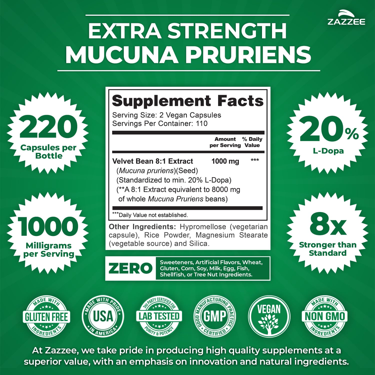 Zazzee Mucuna Pruriens Extract bottle side view showing ingredients