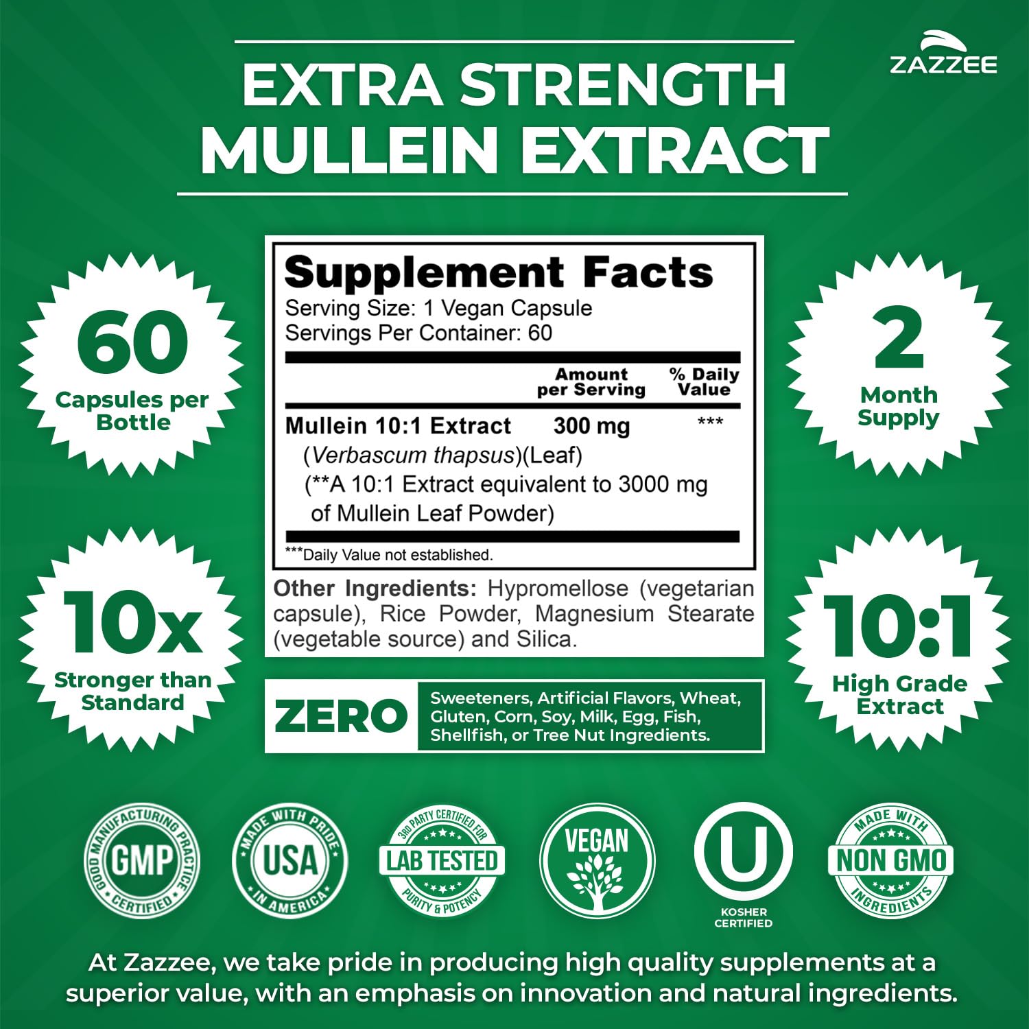Zazzee Mullein Extract bottle with label details