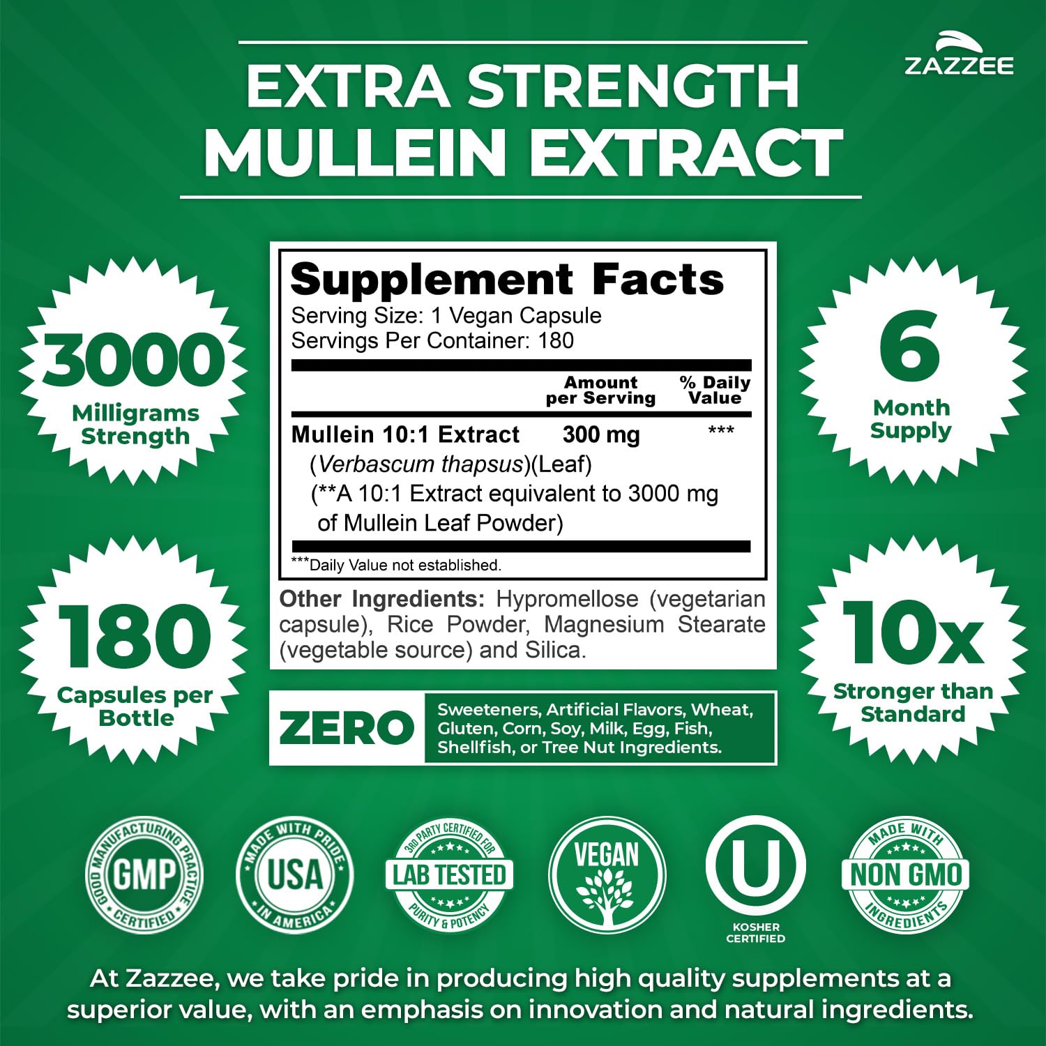 Zazzee Mullein Extract capsules showing label and dosage