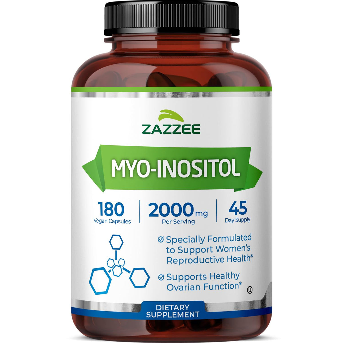 Zazzee Myo-Inositol Capsules 2000mg bottle front view