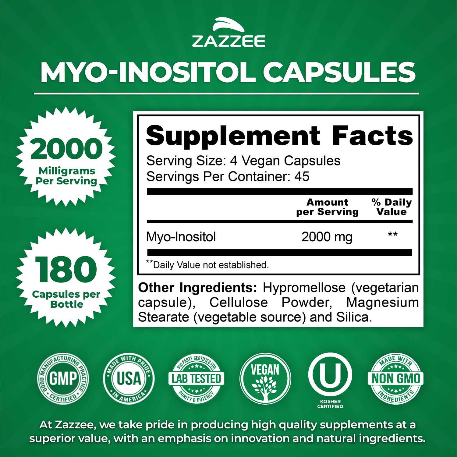 Zazzee Myo-Inositol Capsules 2000mg side view
