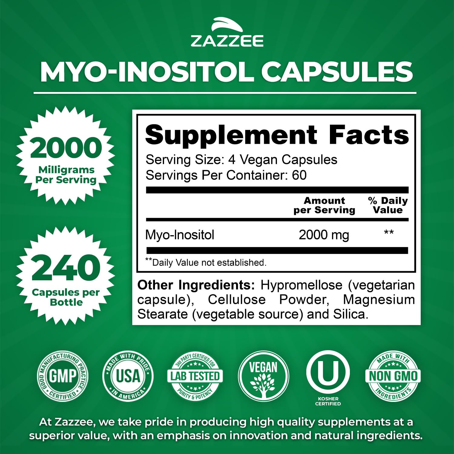 Zazzee Myo-Inositol Capsules bottle side view