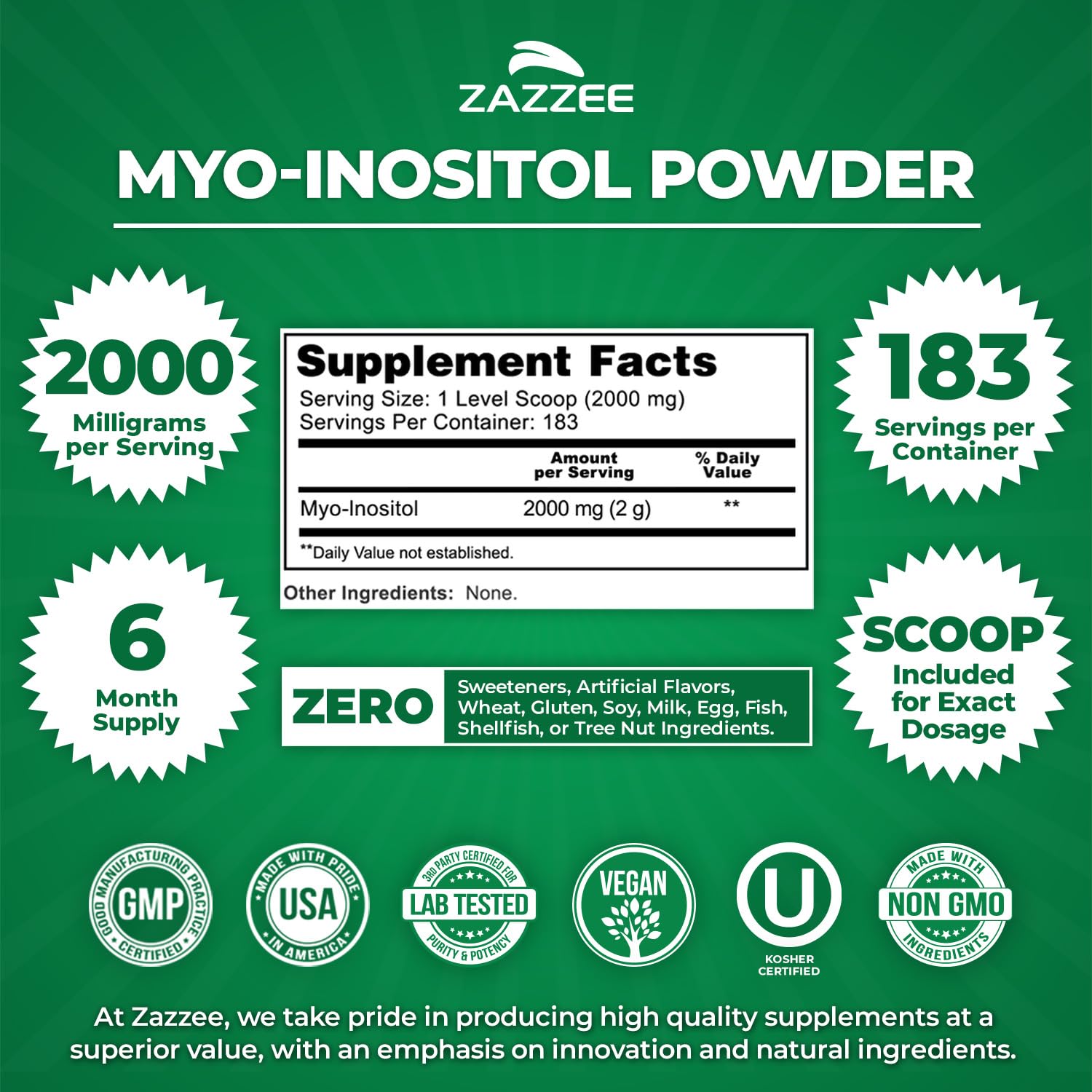 Zazzee Myo-Inositol Powder 2000mg back view