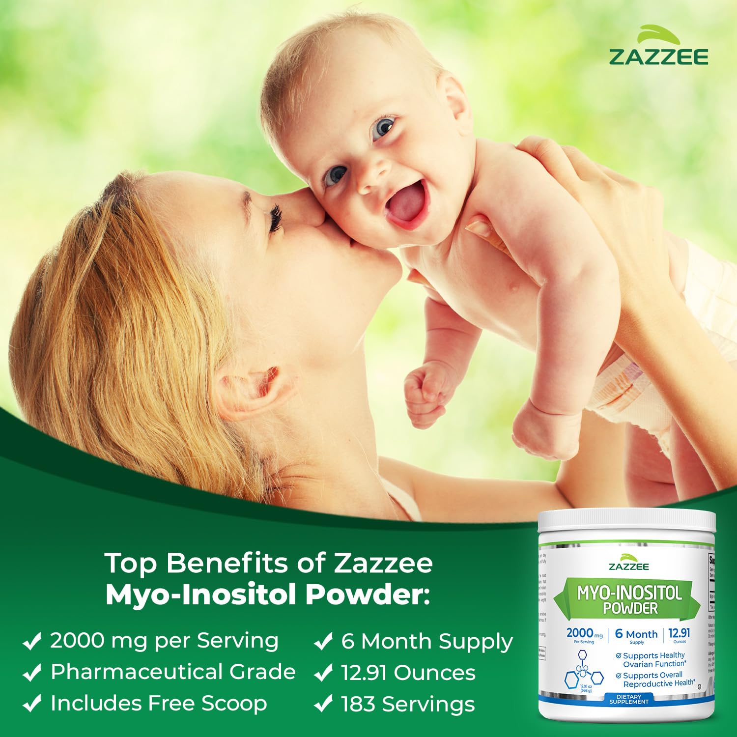 Zazzee Myo-Inositol Powder 2000mg with scoop