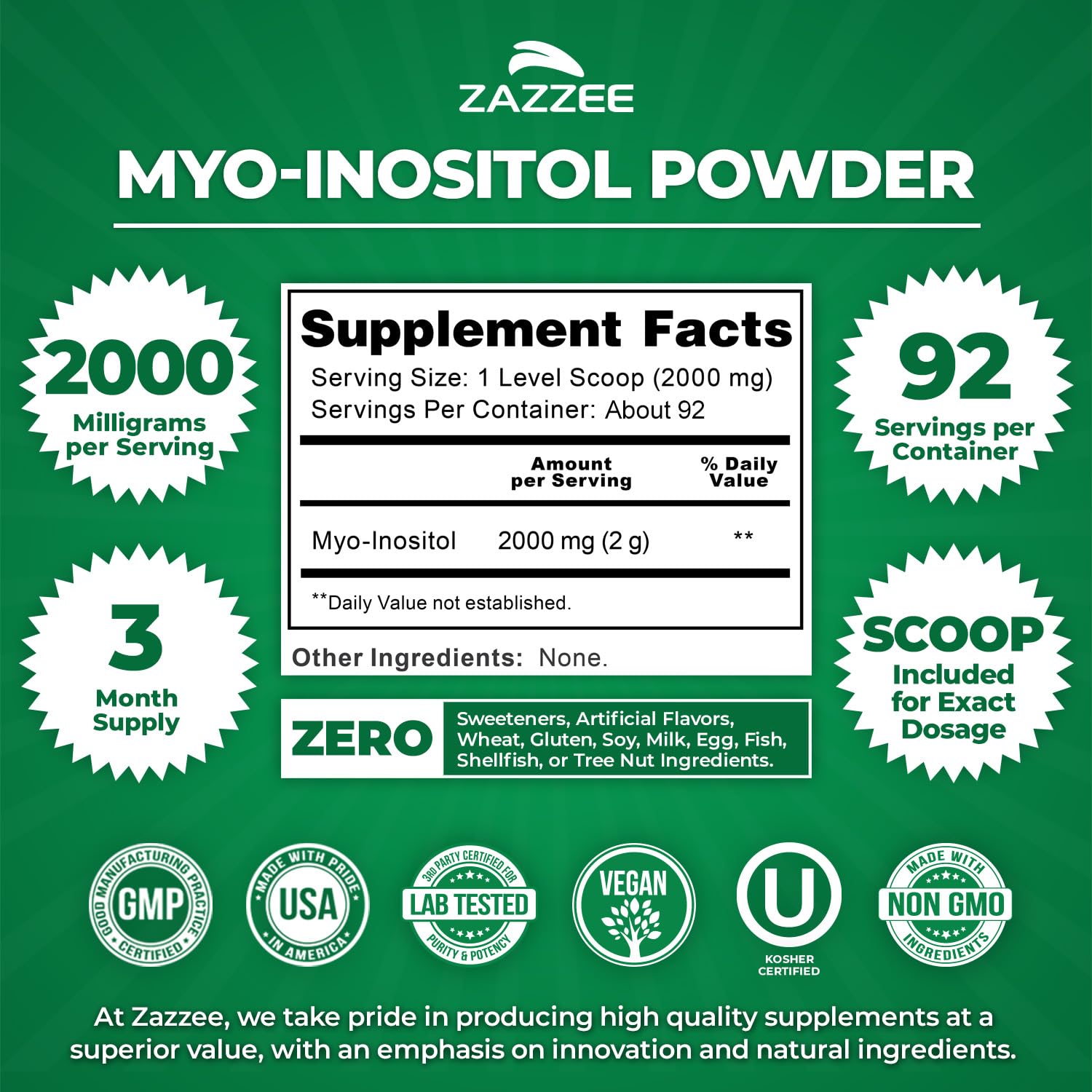 Zazzee Myo-Inositol Powder container with scoop