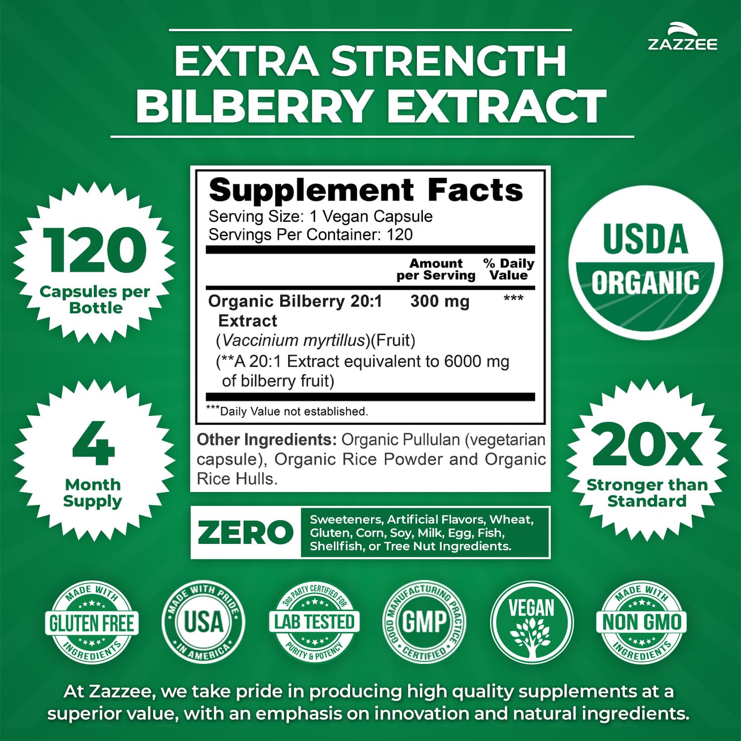 Zazzee Organic Bilberry Extract bottle side view