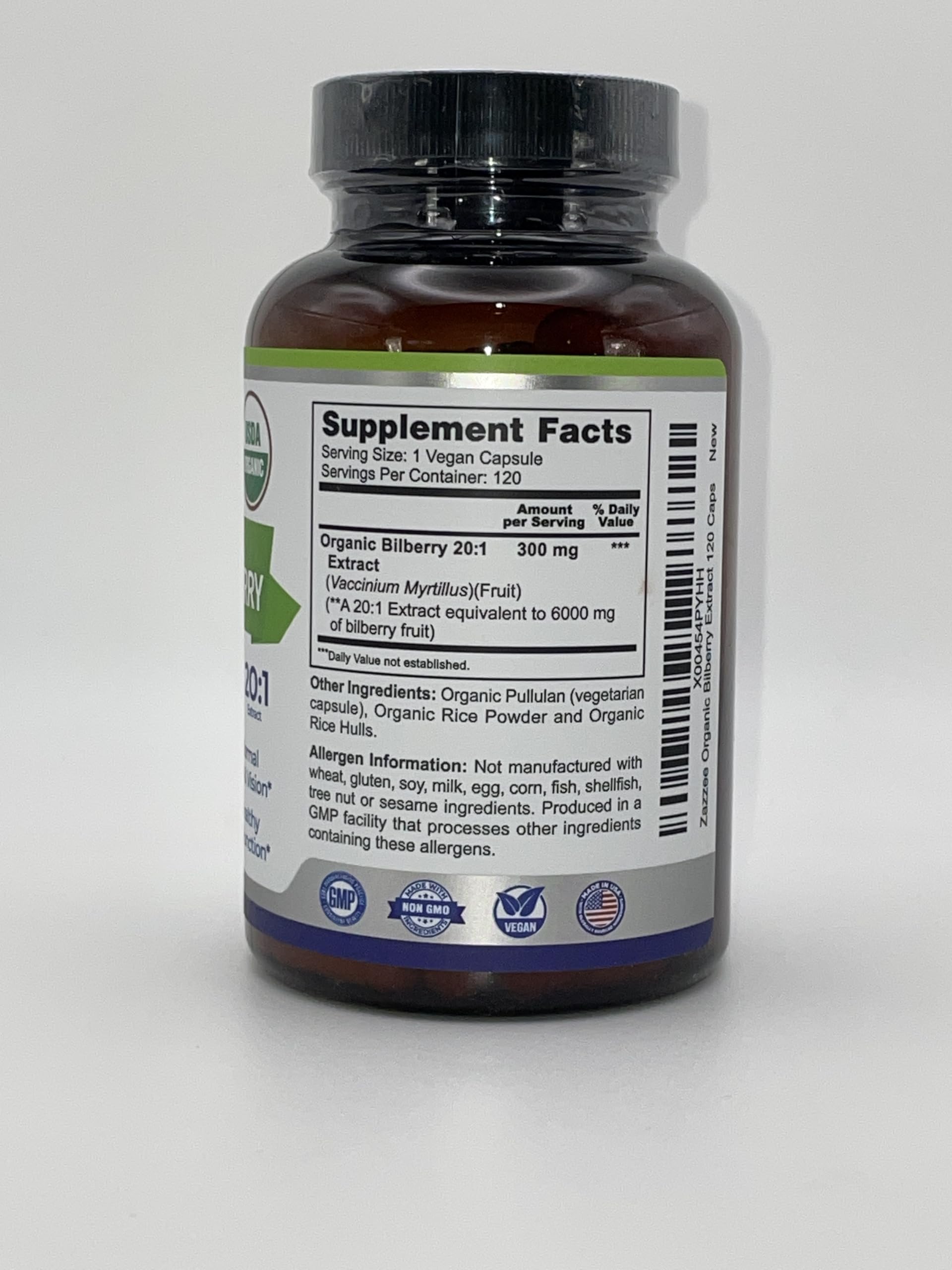 Zazzee Organic Bilberry Extract capsules in hand